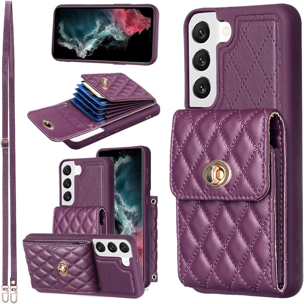 Asuwish Funda de teléfono para Samsung Galaxy S22 5G Funda tipo cartera con ranura para tarjeta de crédito, correa cruzada para el hombro, cordón