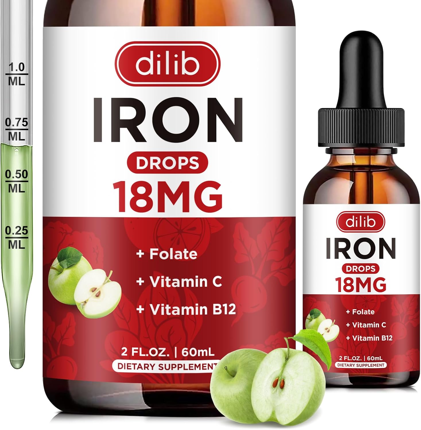 Suplemento de hierro líquido para mujeres y hombres, suplementos de hierro para anemia con folato, vitamina C, B12 para soporte de glóbulos rojos,