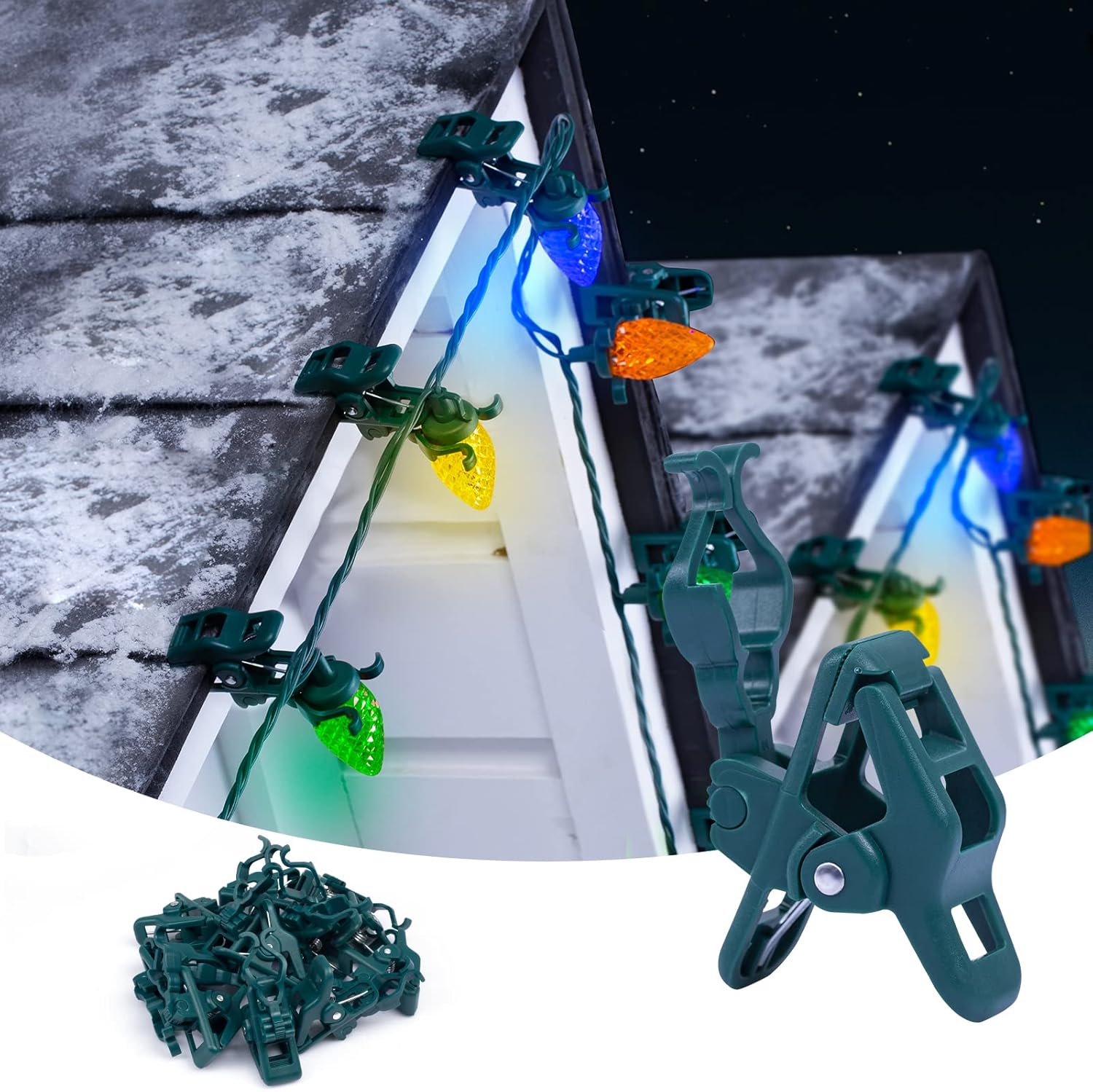 C7 C9 – Clips de resorte para luces navideñas, 50 unidades de luces navideñas, clips de resorte rápido, clips de tejas y canaletas inastillables