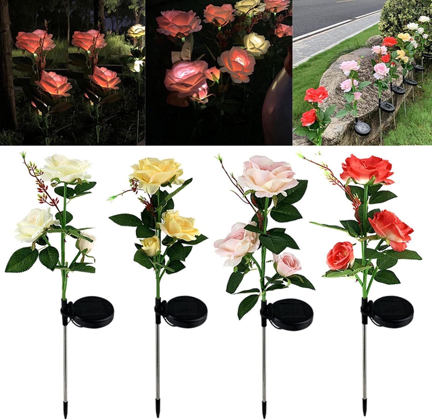 Flores artificiales, rosas falsas, plantas de imitación para interiores, luces rojas, cabeza solar LED para decoración de jardín, lámpara solar para