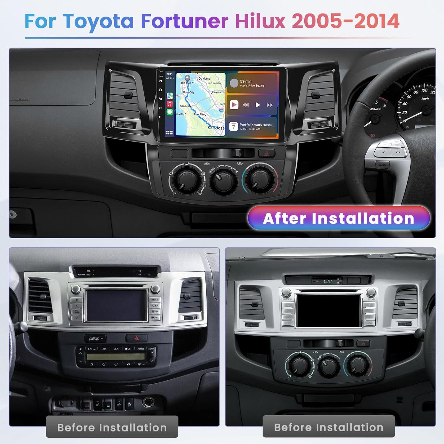 Hikity 2+64 GB para Toyota Fortuner Hilux 2005-2014 Android estéreo del coche con Carplay Android Auto 9 pulgadas pantalla táctil Radio soporte GPS