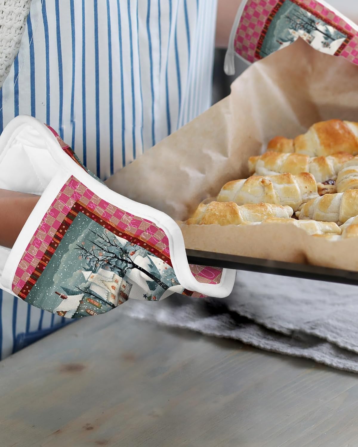 Juego de 4 agarraderas de tela de toalla de invierno para cocina, antideslizante y aislante de calor, juego de agarraderas de tela de toalla con
