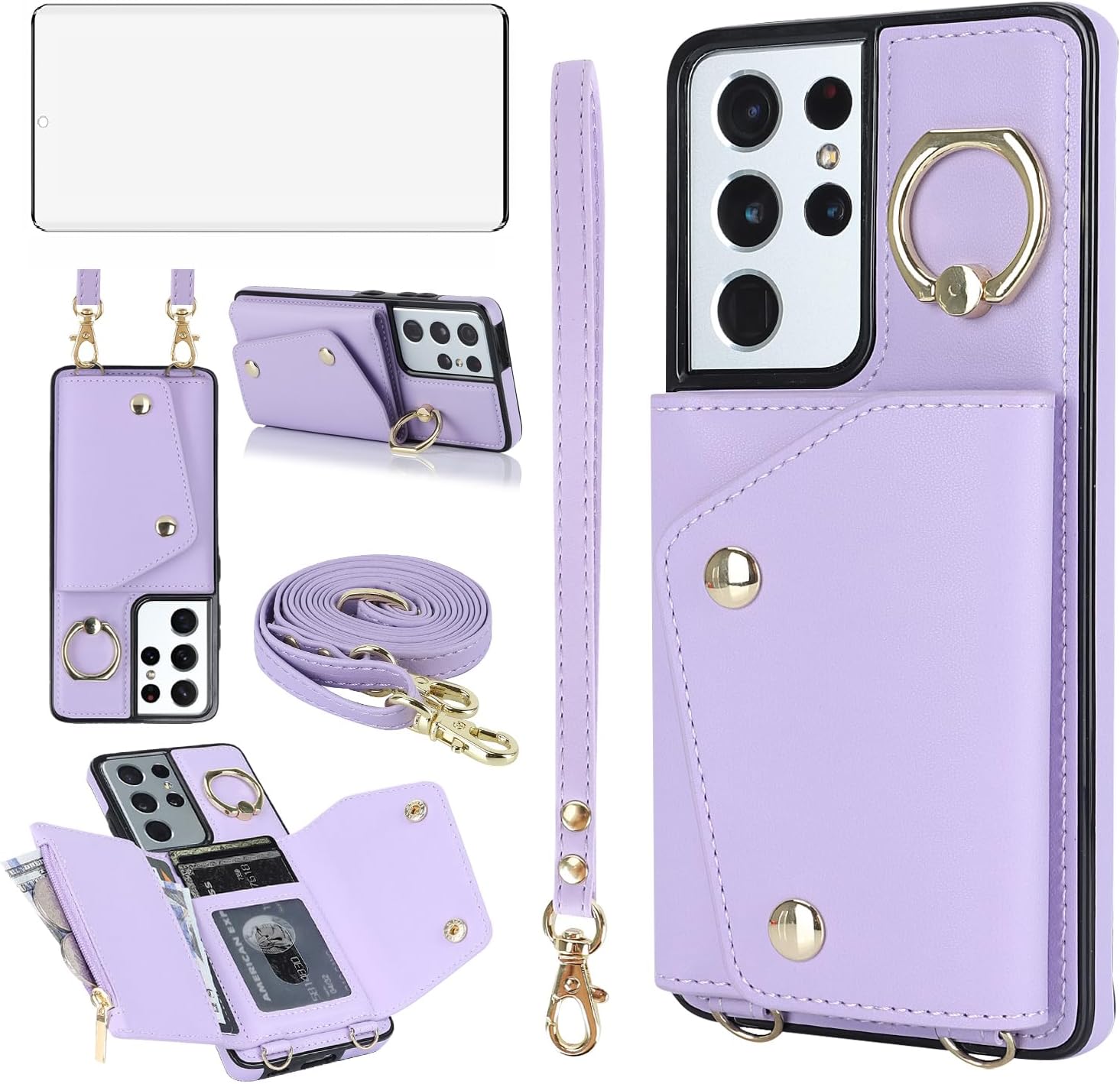 Asuwish Funda de teléfono para Samsung Galaxy S21 Ultra 5G Funda tipo cartera con protector de pantalla y soporte para anillo para tarjeta de