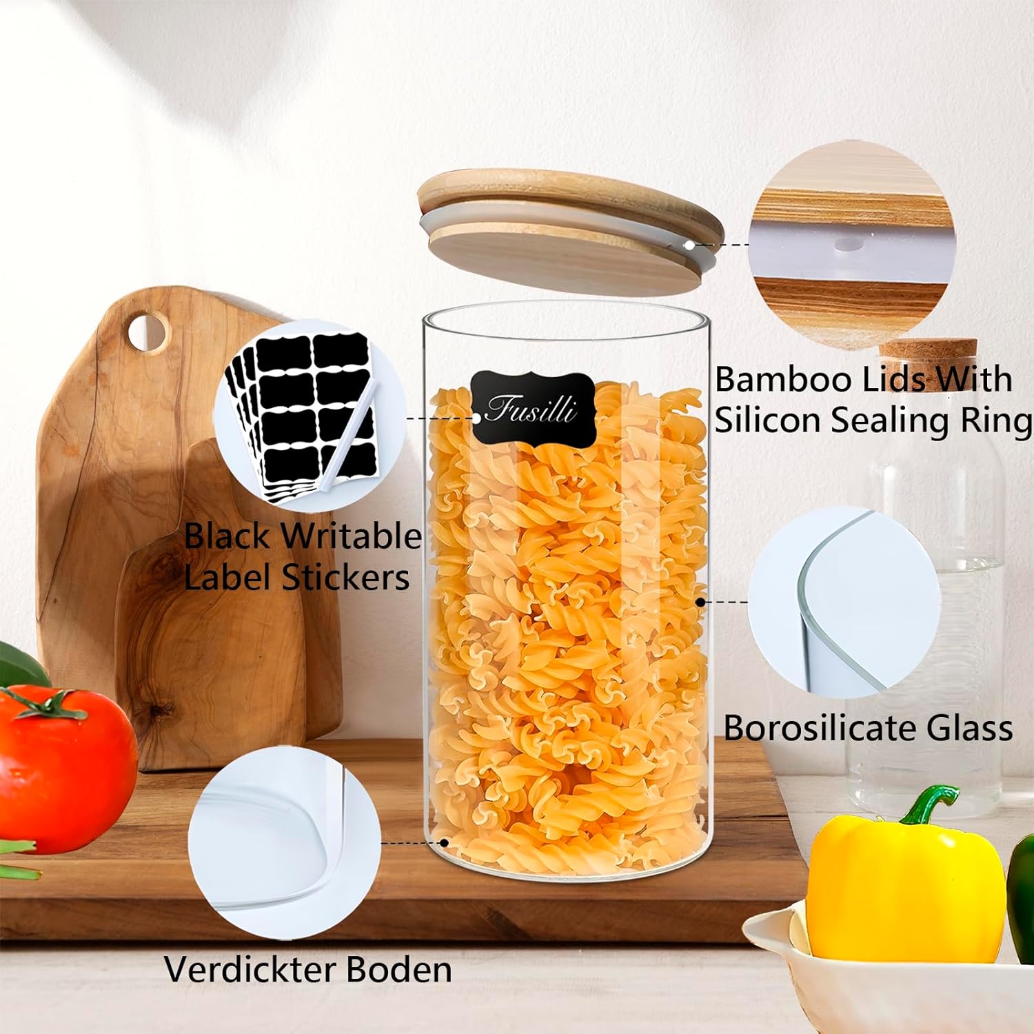 Recipiente hermético de almacenamiento de vidrio con tapa de madera (40 onzas), recipiente transparente para almacenamiento de alimentos con tapa de