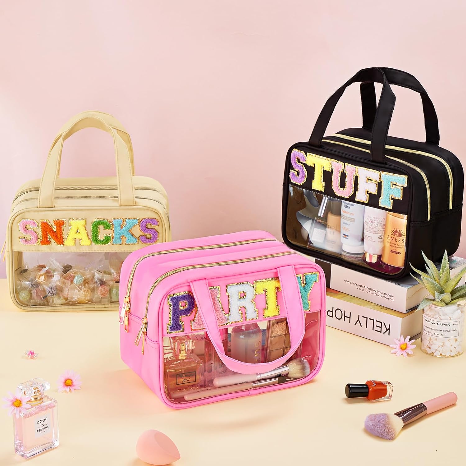 Bolsa de maquillaje transparente con letras de chenilla, bolsa de cosméticos de preparación con cremallera, bolsa de cosas impermeable para