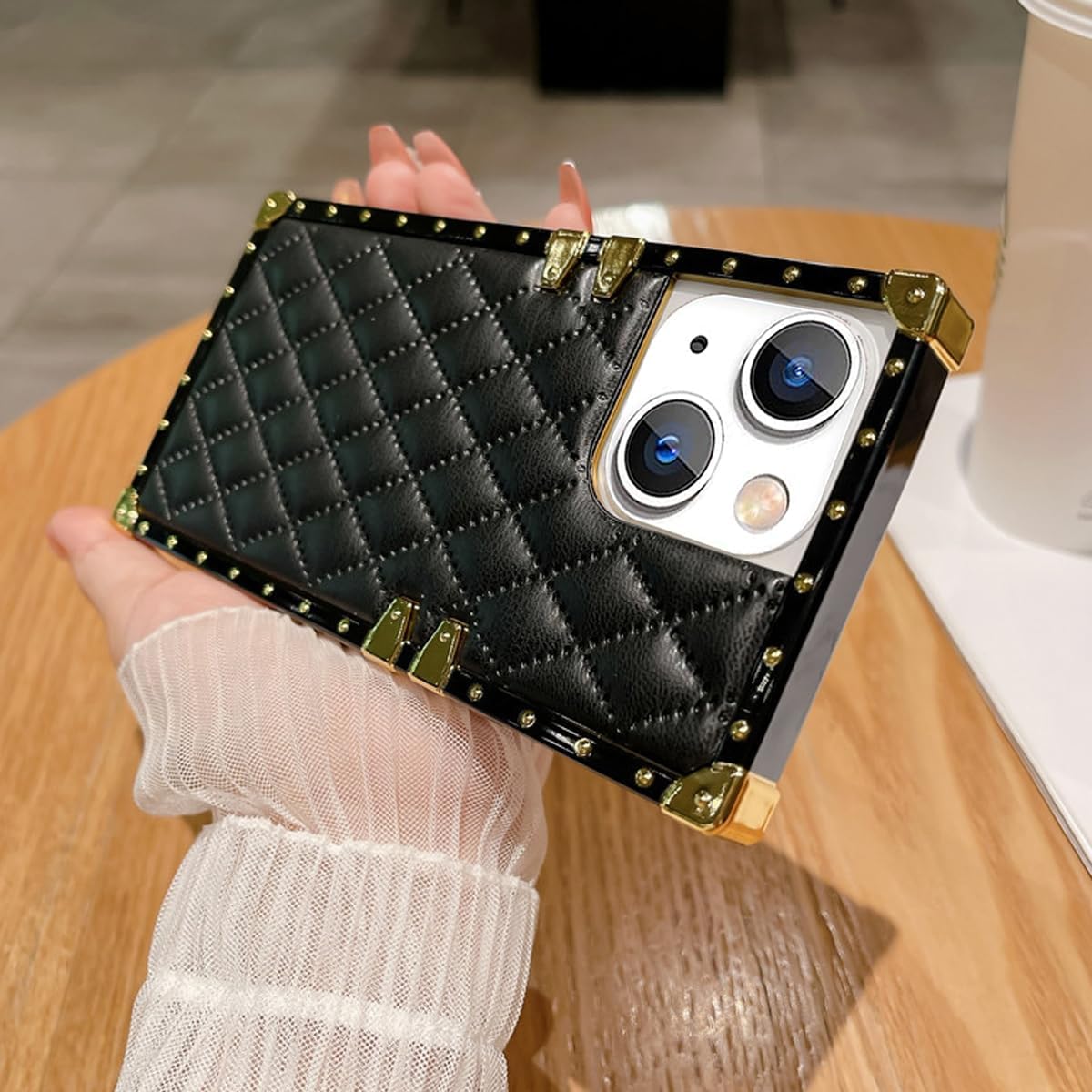 Funda para iPhone 15 con borde cuadrado para mujer, bonita decoración dorada de lujo, cuadrada, suave, parachoques, elegante, a prueba de golpes,