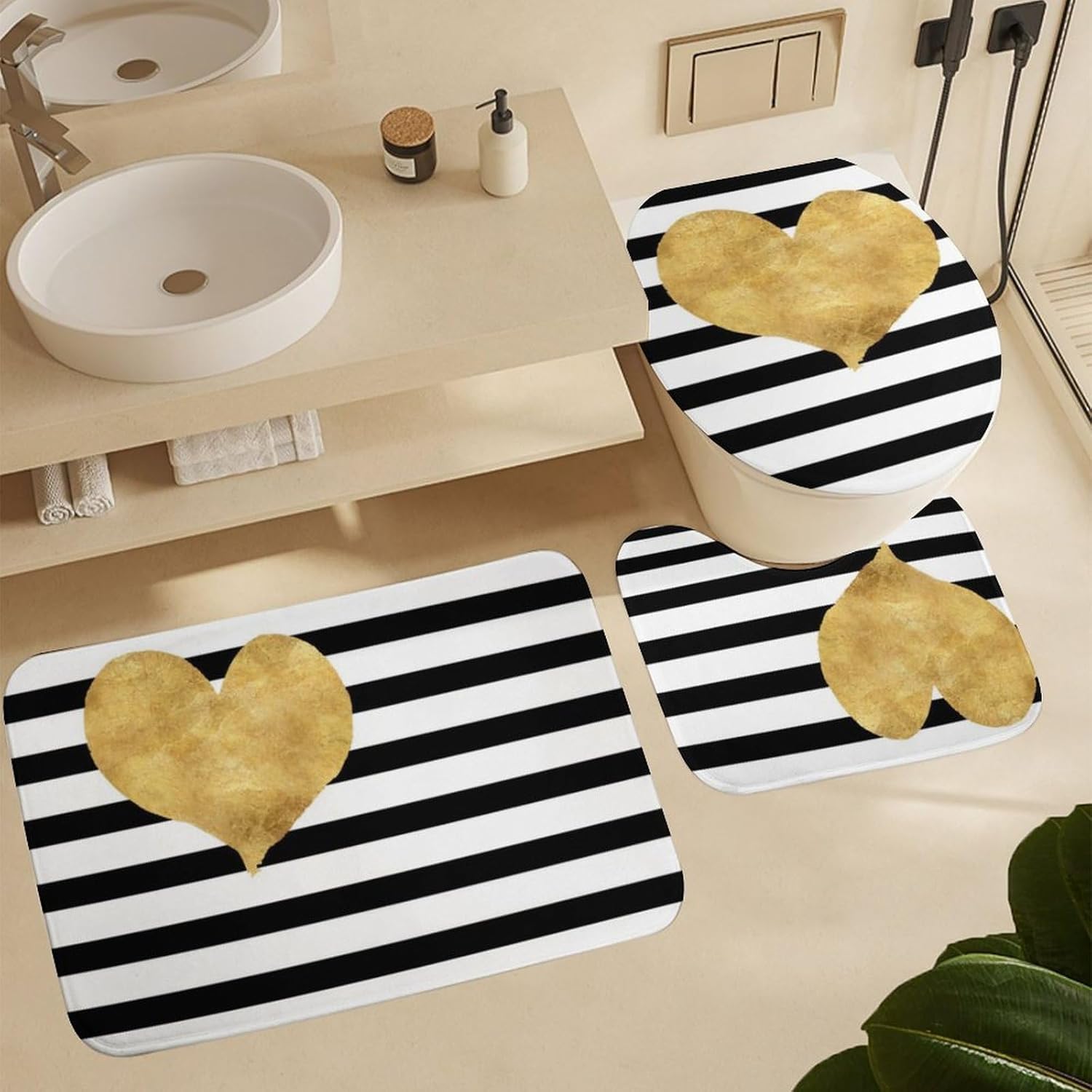 Juego de alfombras de baño de 3 piezas, ultra suaves y antideslizantes, a rayas blancas y negras con corazón dorado, alfombra de baño absorbente con