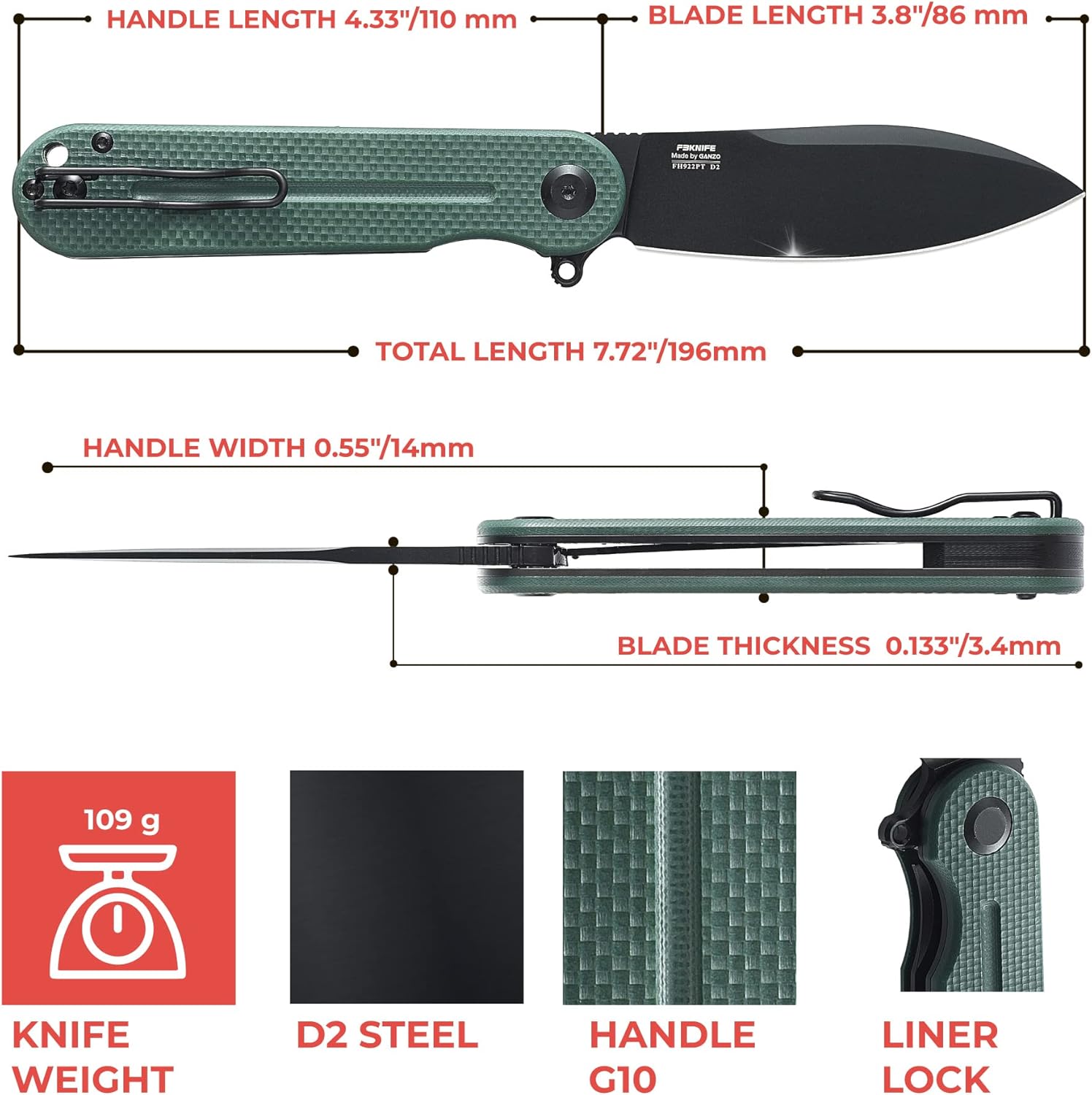 Firebird Ganzo FH922PT-GB – Cuchillo de bolsillo plegable con rodamiento de bolas, D2, hoja negra, G10, mango antideslizante con clip, equipo de