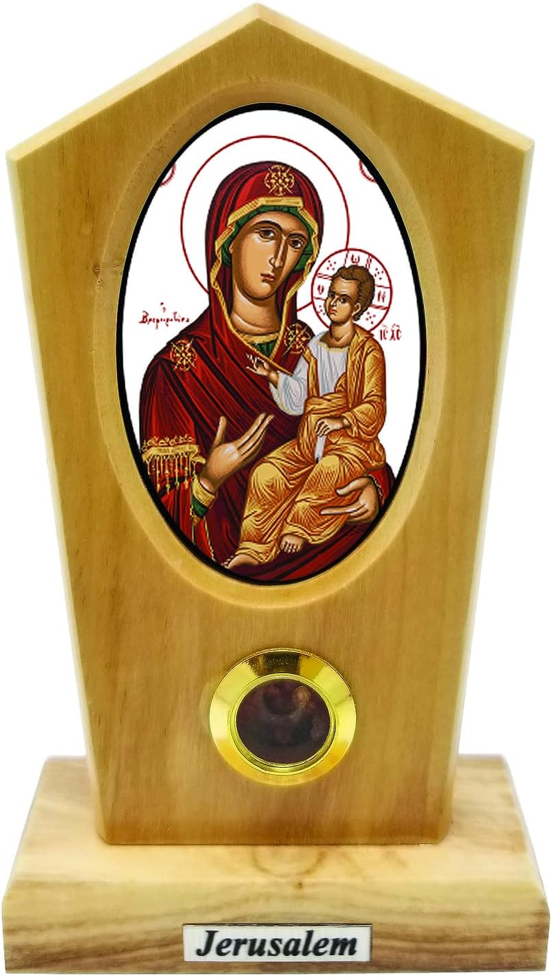 Virgen María de Jerusalén (bizantina), icono católico de pie con imagen a todo color, madera de olivo de tierra santa de Israel, arte religioso de
