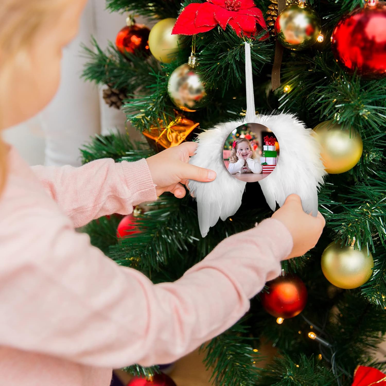 Adorno navideño para colgar con alas de ángel blancas, decoración colgante de plumas con sublimación en blanco para árbol de Navidad, manualidades,