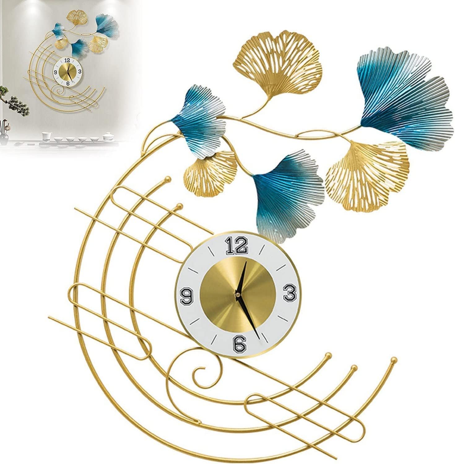 Wall Clock Modern Art Clock Large Metal Clock for Living Room, Modern Ginkgo Leaf Style 3D Art Decorative Gold Quartz Round Shape Silent Movement
