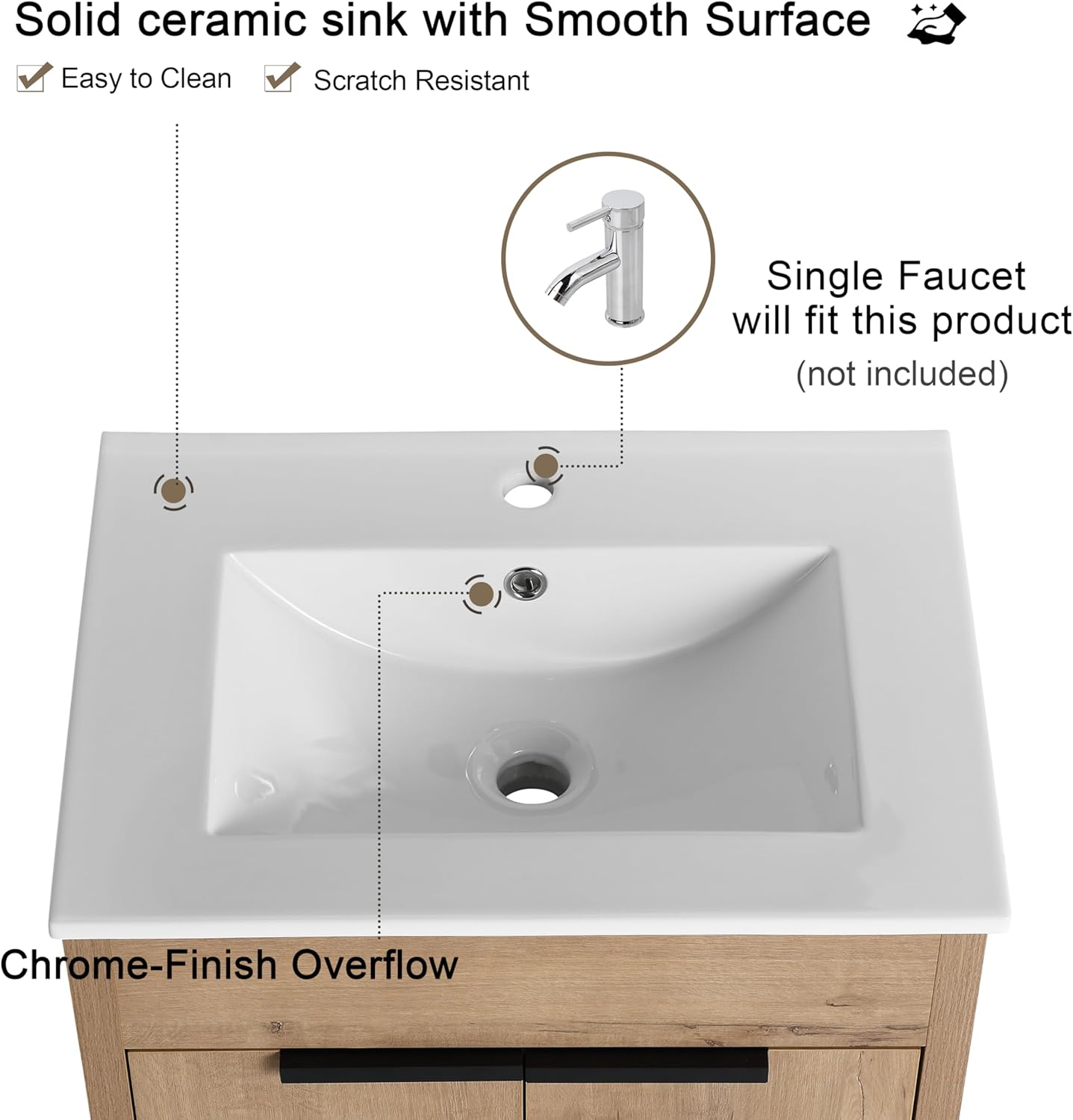 Vanidad de baño independiente de 24 pulgadas con fregadero, tocador de baño de pie de 24 pulgadas, tocador moderno con 2 puertas y lavabo de