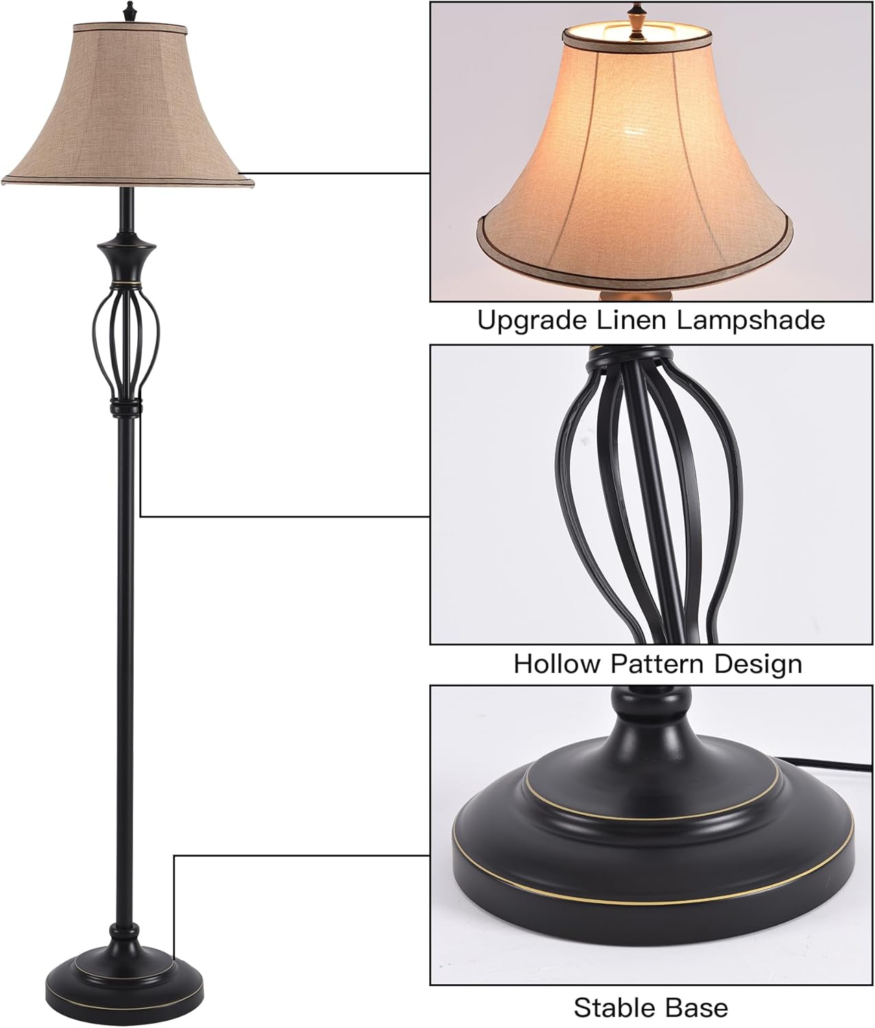 Juego de 3 lámparas (2 lámparas de mesa, 1 lámpara de pie), juego de 3 lámparas de sala de estar, juego de lámparas de pie y mesa en acabado bronce