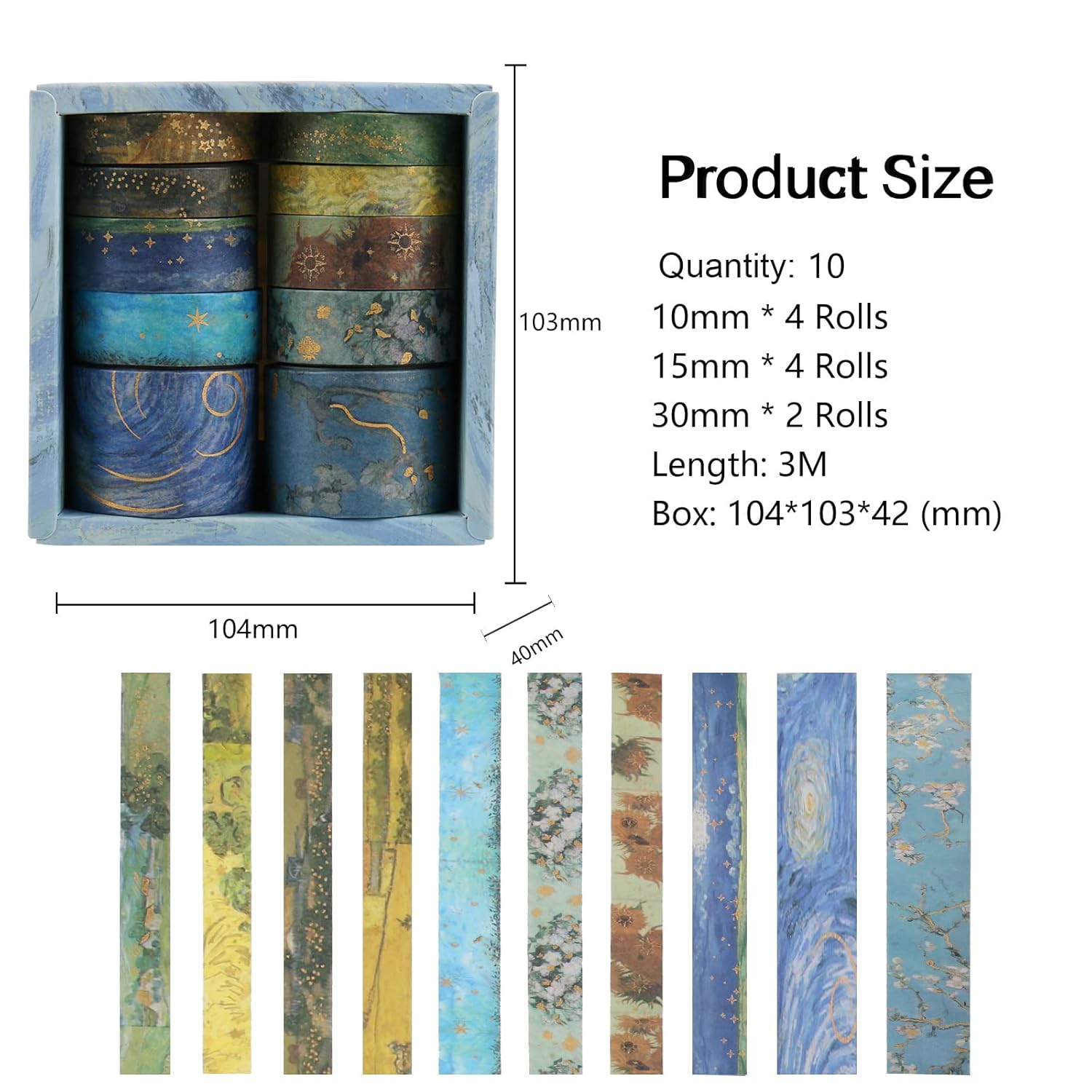 Lychii Van Gogh Washi Tape, 10 rollos de cinta adhesiva Washi de acuarela vintage con papel de aluminio dorado, suministros estéticos para diario,
