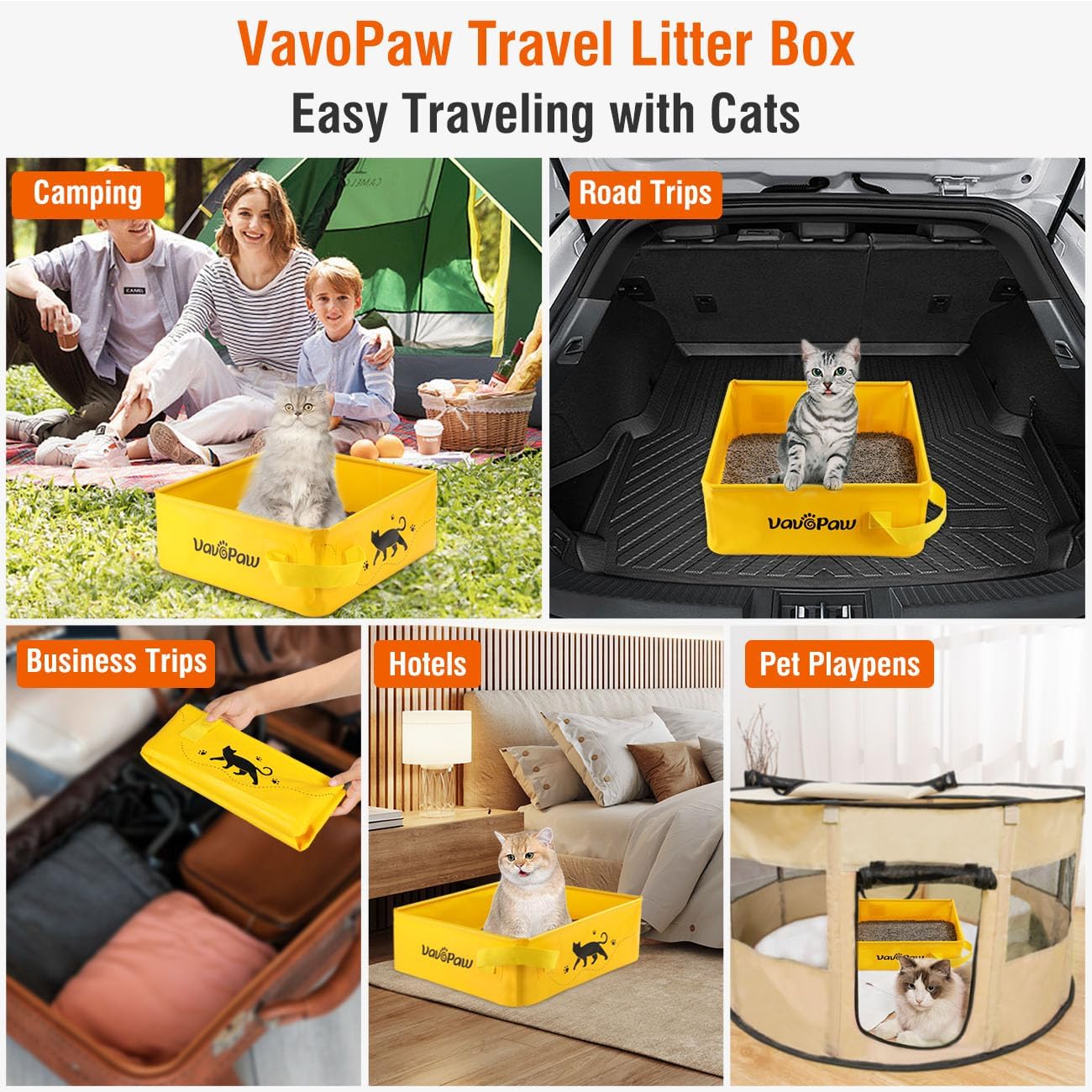 Caja de arena portátil de viaje para gatos con asas, caja de arena portátil para gatos sin fugas, bandeja abierta para gatos para acampar al aire
