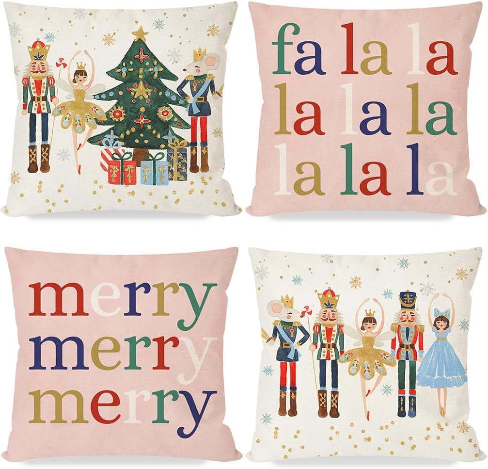 HERHOME Juego de 4 fundas de almohada de Navidad de 18 x 18 pulgadas, diseño de ballet, decoración de árbol de Navidad, color rosa, fundas de