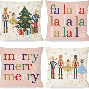 HERHOME Juego de 4 fundas de almohada de Navidad de 18 x 18 pulgadas, diseño de ballet, decoración de árbol de Navidad, color rosa, fundas de HERHOME Juego de 4 fundas de almohada de Navidad de 18 x 18 pulgadas, diseño de ballet, decoración de árbol de Navidad, color rosa, fundas de