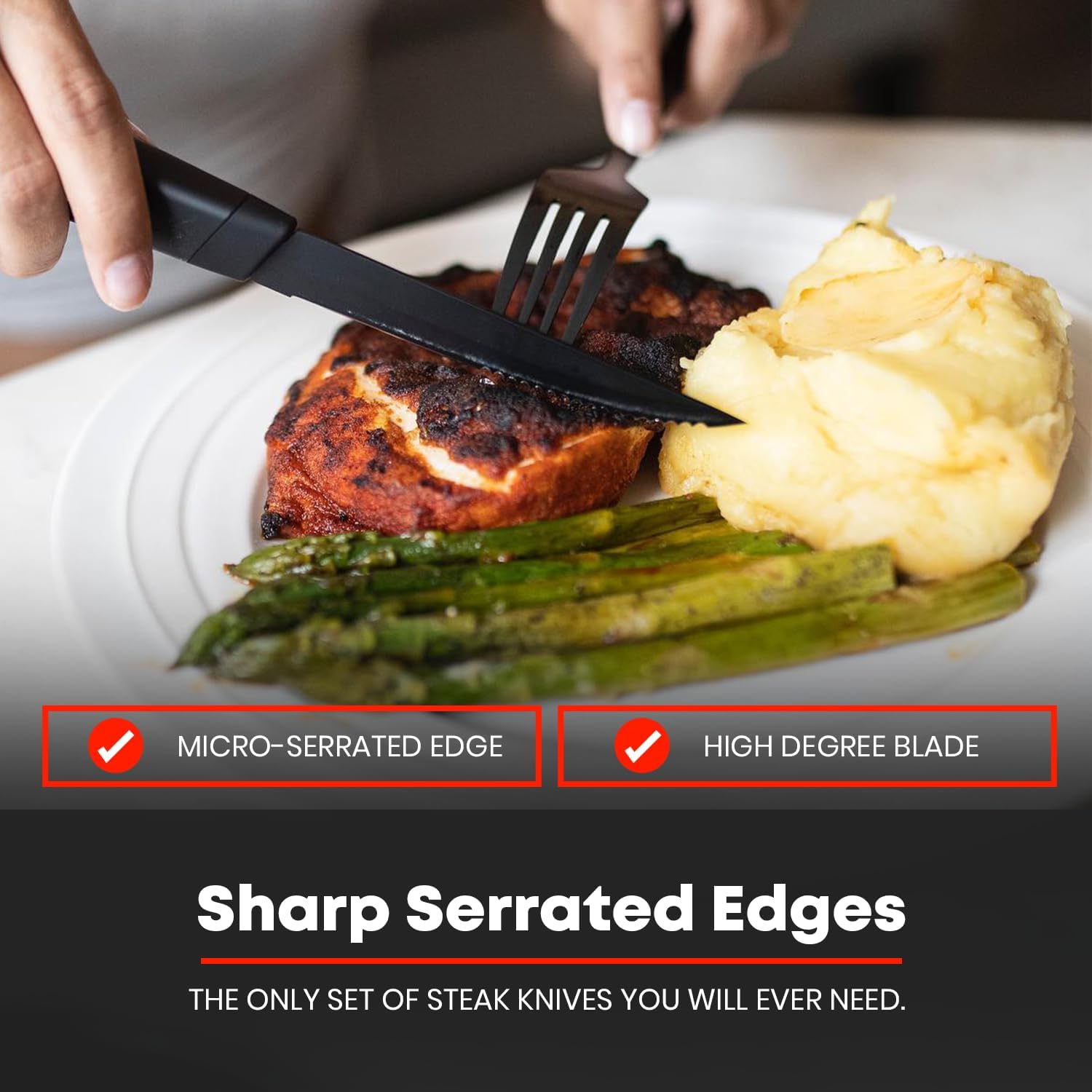 BLAQ Juego de 4 cuchillos para carne, cuchillos alemanes de acero inoxidable dentado con asas ergonómicas, aptos para lavavajillas, cuchillos para