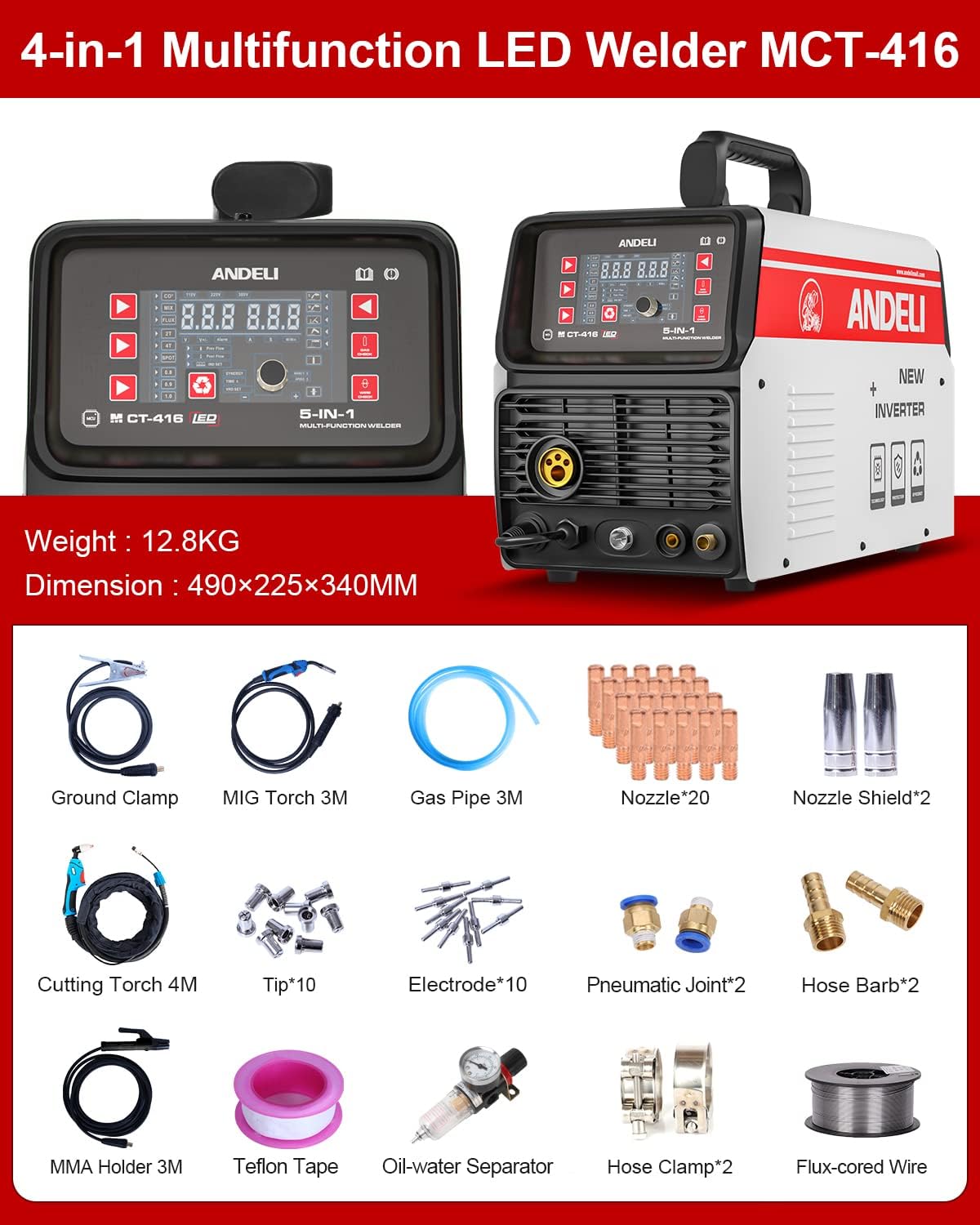 ANDELI Soldador MIG multiproceso 110V220V – MIG TIG CUT y soldadura MMA y soldadura de flujo sin pantalla LED de gas 5 en 1 Inverter MIG máquina de