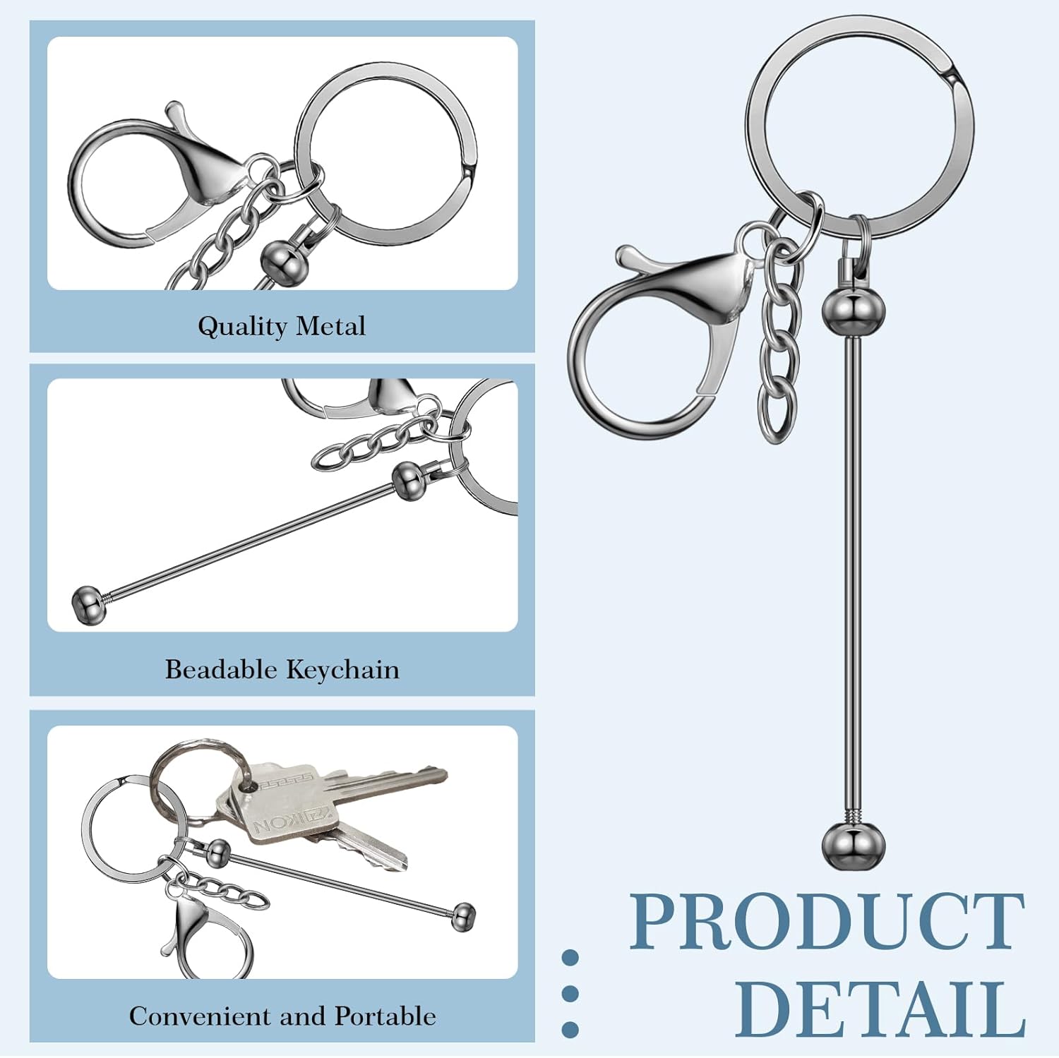 6 piezas de llaveros con cuentas, barras en blanco, llavero de cuentas de metal con cuentas para colgante, manualidades, joyería, regalo
