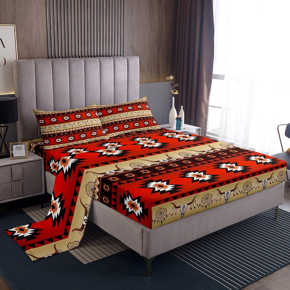 Southwestern – Juego de sábanas tamaño King de vaquero occidental para niños y niñas, diseño de calavera de toro, atrapasueños, decoración de