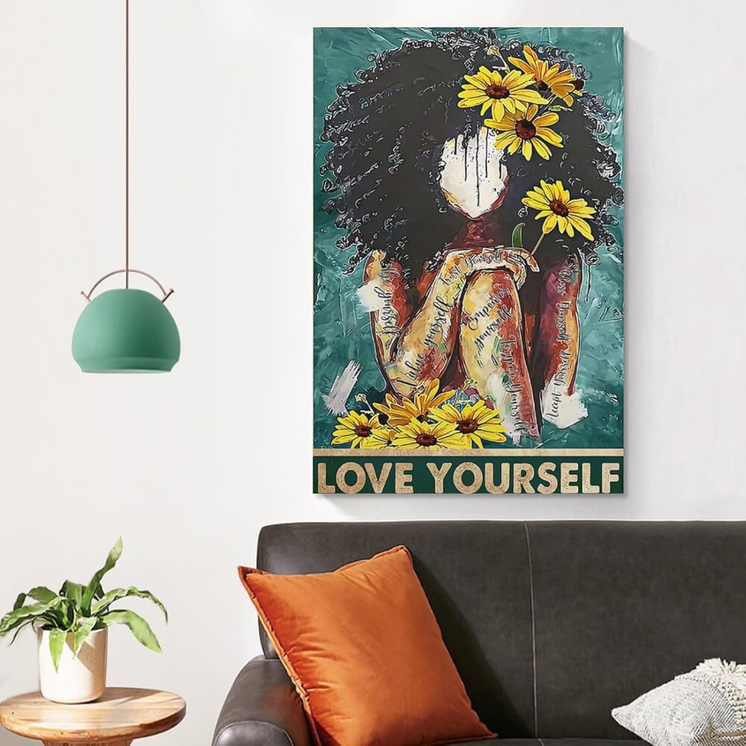 DAXXIN Póster de Love Yourself Value Your Self Black Girl with Girasol, arte de chica afro, mujeres negras, S lienzo para decoración de pared, para