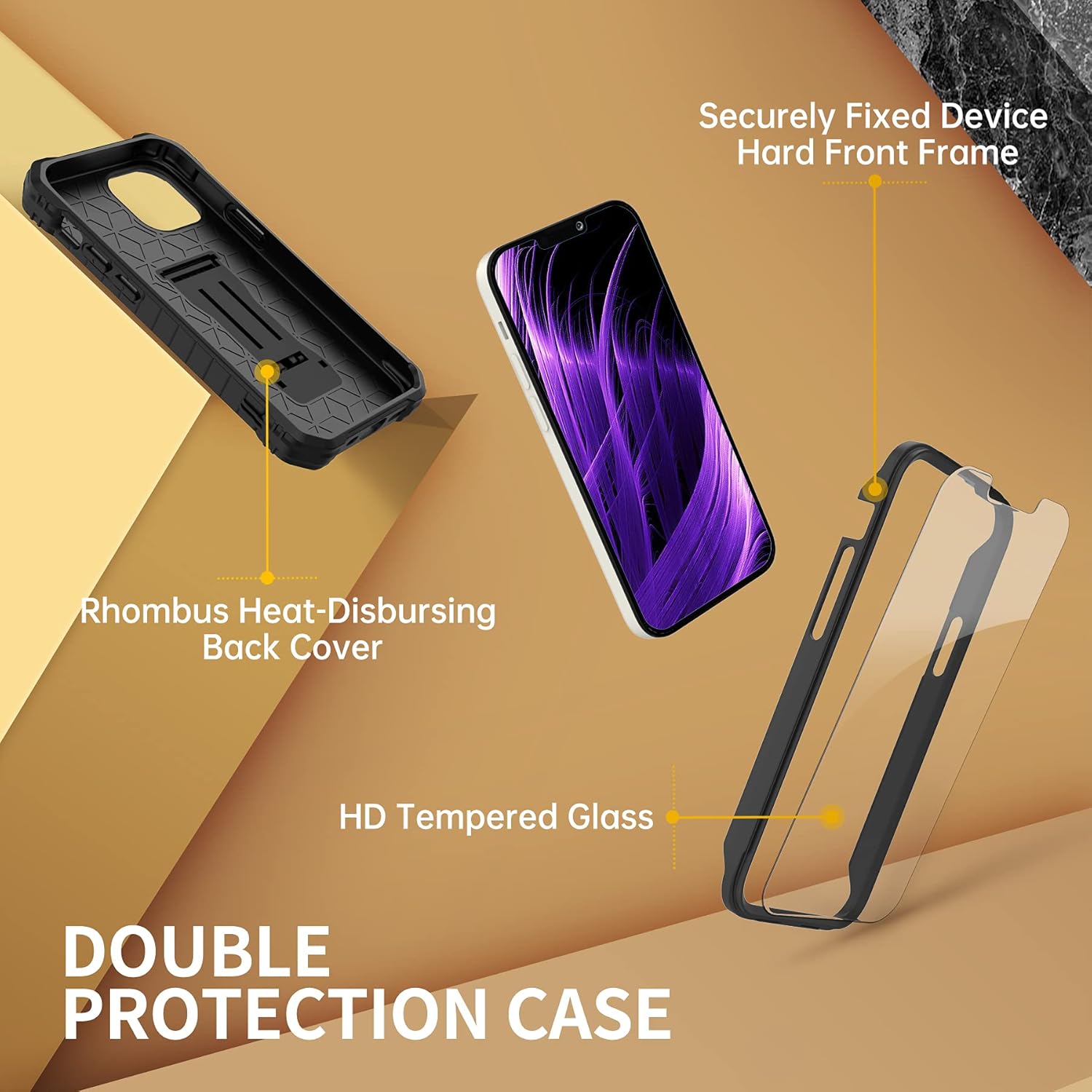 FITO Funda para Apple iPhone 13 Pro, doble capa a prueba de golpes resistente con protector de pantalla de vidrio templado y soporte integrado