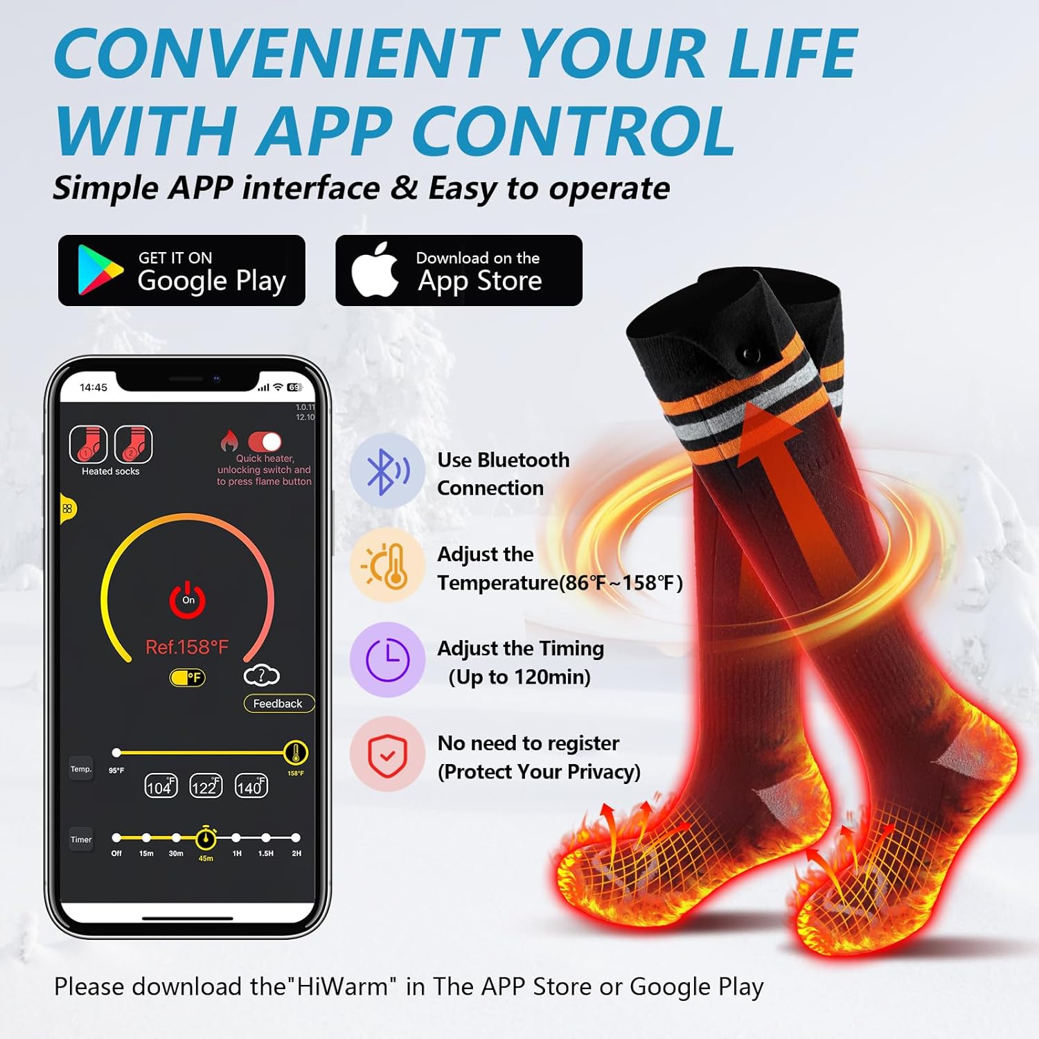 Calcetines térmicos para hombres y mujeres, 5 V 5000 mAh recargables lavables con batería con control de aplicación, calentador eléctrico de pies
