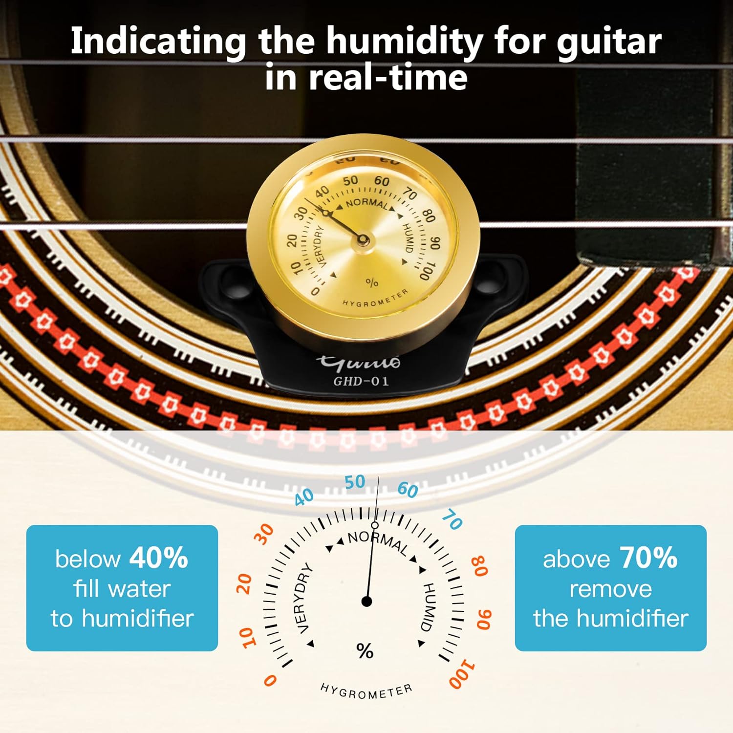 GUITTO – Humidificador de guitarra – Sistema de cuidado de la humedad 2 en 1 para guitarra acústica humidificador higrómetro GHD-01