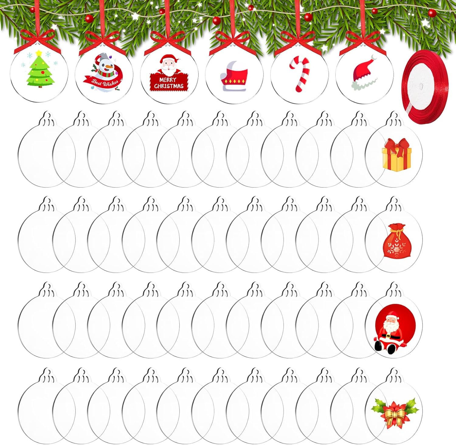 50 adornos circulares de acrílico transparente para el árbol de Navidad, adornos de Navidad transparentes, adornos de Navidad en blanco, adornos de