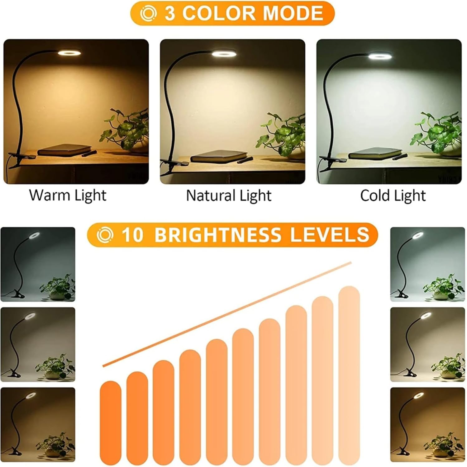 HFENGKG LED Clip on Desk Lamp 360 Rotatable Gooseneck Reading Table Light Eye-Caring USB Clamp Books Night Light Read Light (Black)