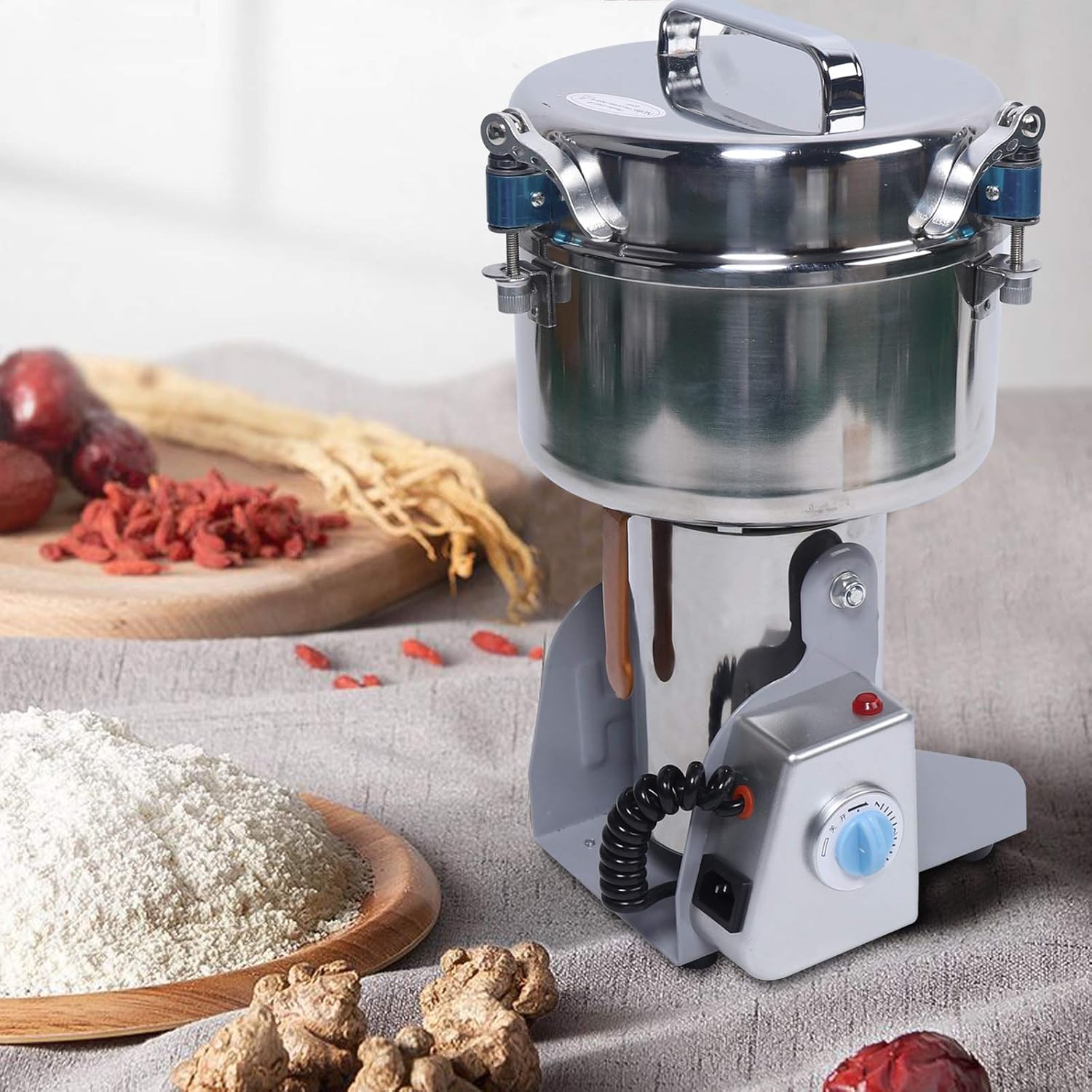 Fetcoi Molinillo eléctrico comercial para especias de grano de hierbas, capacidad de 70.55 oz, grado de trituración de malla 60-350, acero