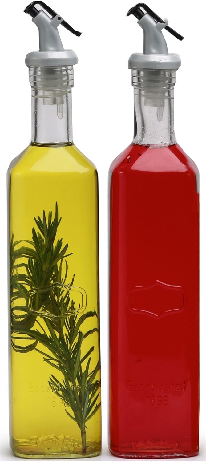 Circleware Yorkshire Olive Oil and Vinegar Dispenser Bottles Glass Dual Beverage 2-Piece Pourer Spouts, Home & Kitchen Decor Glassware Set, 19.6 oz,