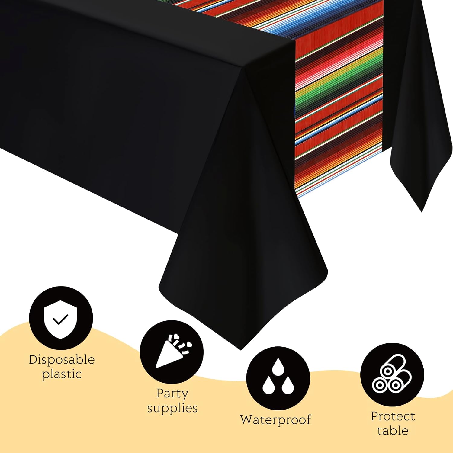 Mantel de fiesta mexicana de 54 x 108 pulgadas, mantel de plástico a rayas para decoración de fiesta mexicana (fondo negro, 6 unidades)
