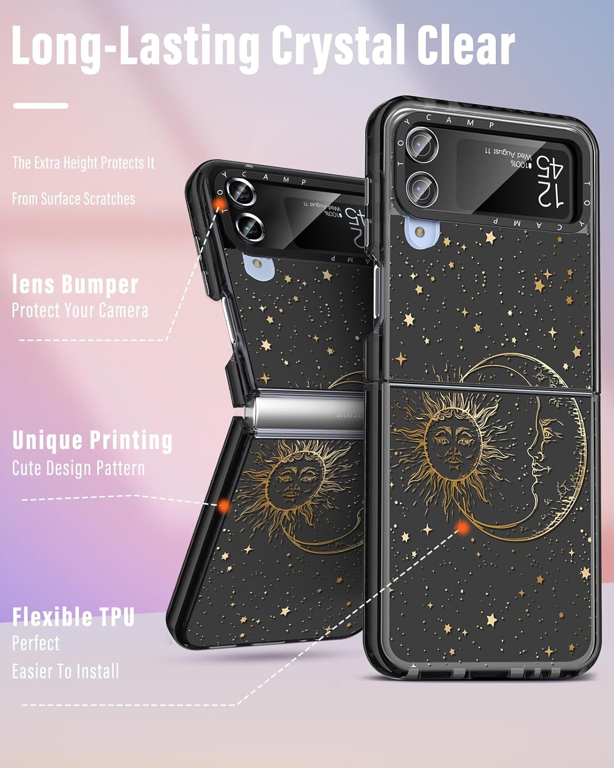 Toycamp Funda para Samsung Galaxy Z Flip 4 con soporte para anillo, bonita y divertida funda de diseño de estrellas de sol y luna de bruja, a prueba