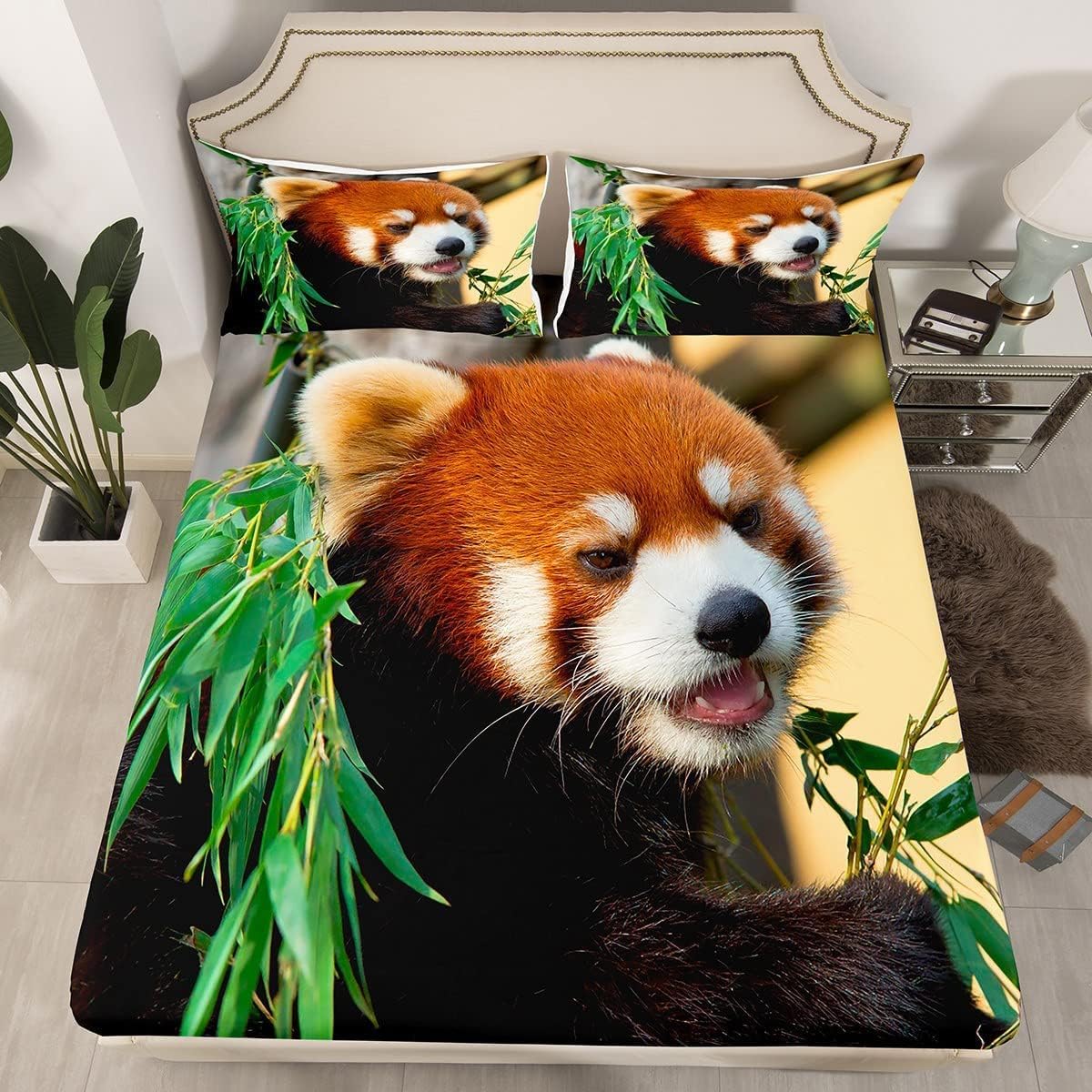 Juego de sábanas de panda rojo, con bonito diseño de animales, para niños, niñas, adolescentes, estampado de hojas de panda rojo, juego de sábanas
