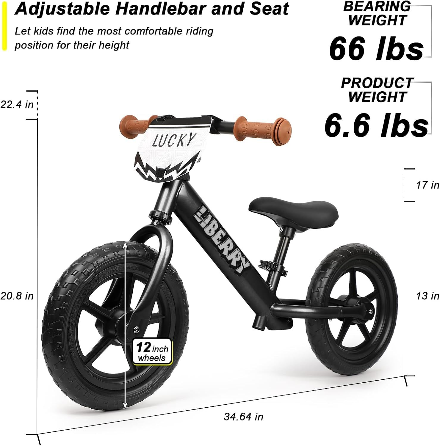 Liberry Bicicleta de equilibrio para niños de 2, 3, 4, 5 años, sin pedales, con manubrio ajustable, asiento y placa personalizada, bicicleta de 12