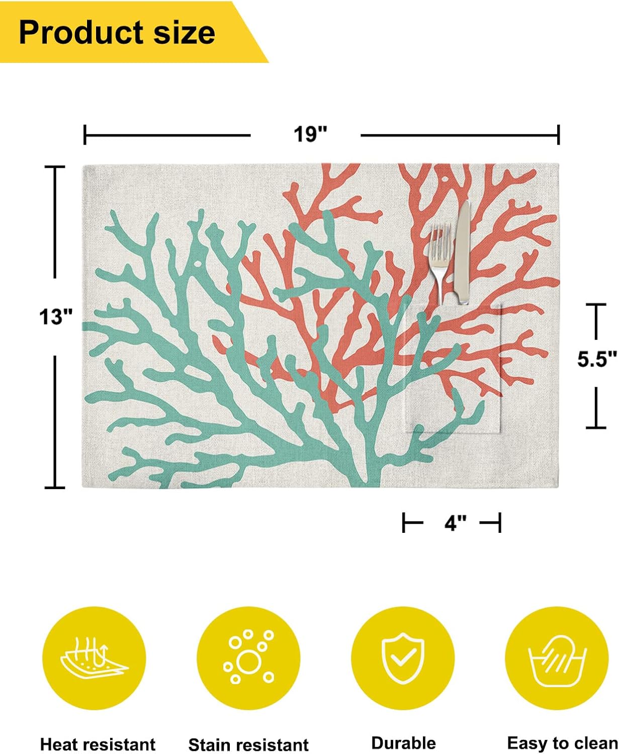 Juego de 6 manteles individuales de color coral para mesa de comedor, tela de lino de algodón con bolsillo, arpillera cuadrada, rectangular,