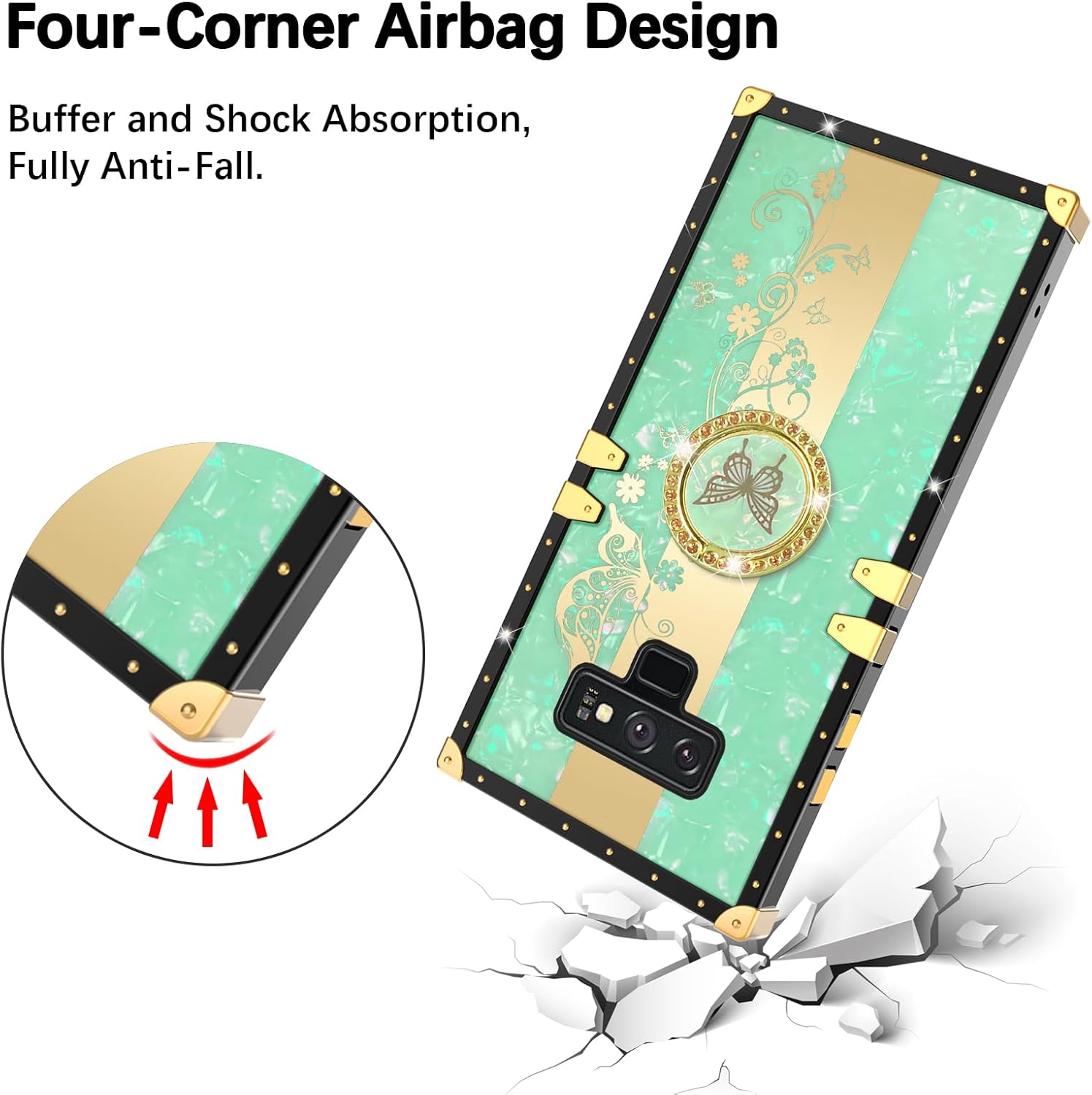 Para Samsung Galaxy Note 9 Caja De Teléfono Cuadrado Con Soporte De Anillo De Las Niñas Mujeres Cubierta Protectora A Prueba De Golpes De Lujo –