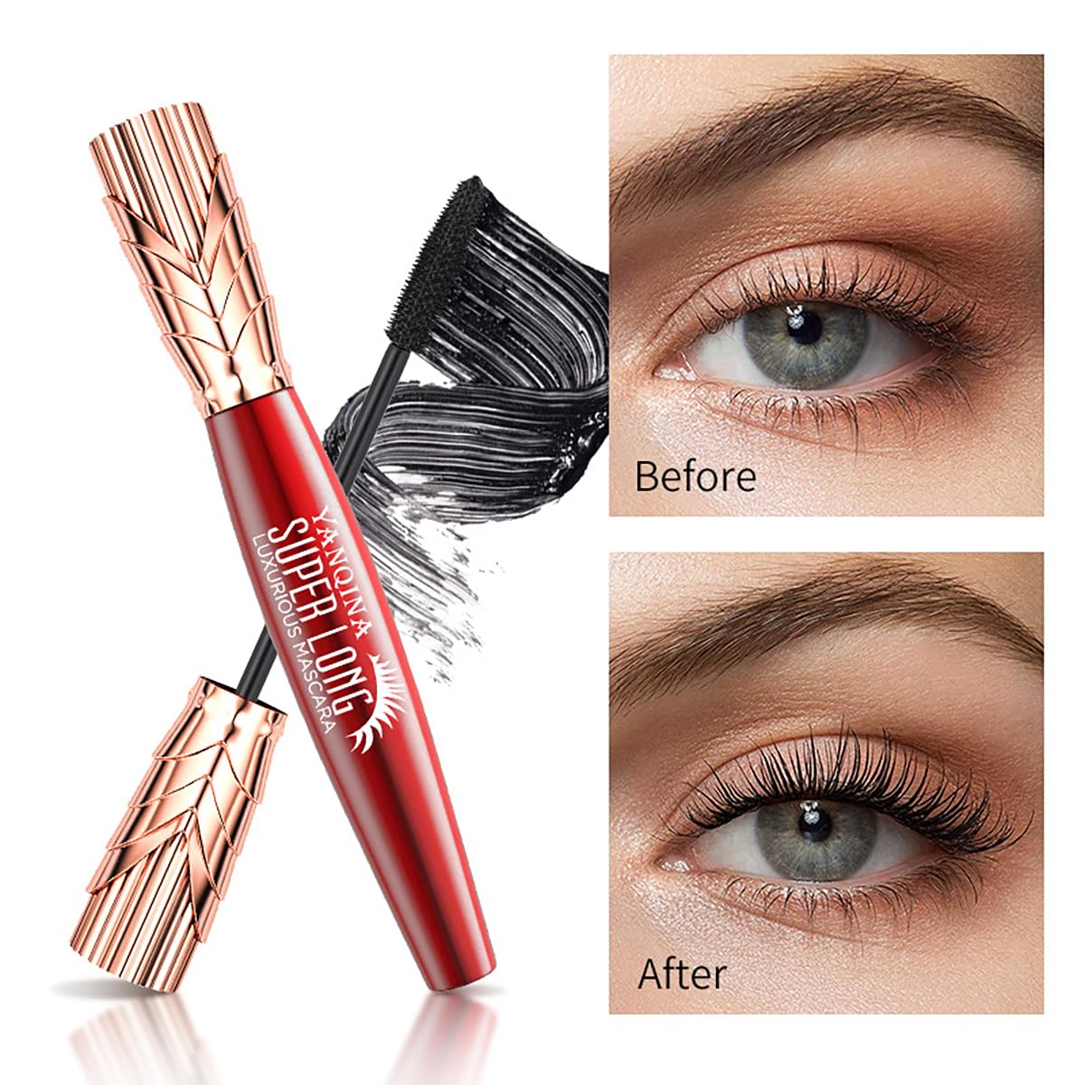 Yanqina – Máscara de pestañas súper larga, 4D, color negro, impermeable, de larga duración, a prueba de manchas, rizado, maquillaje de pestañas,