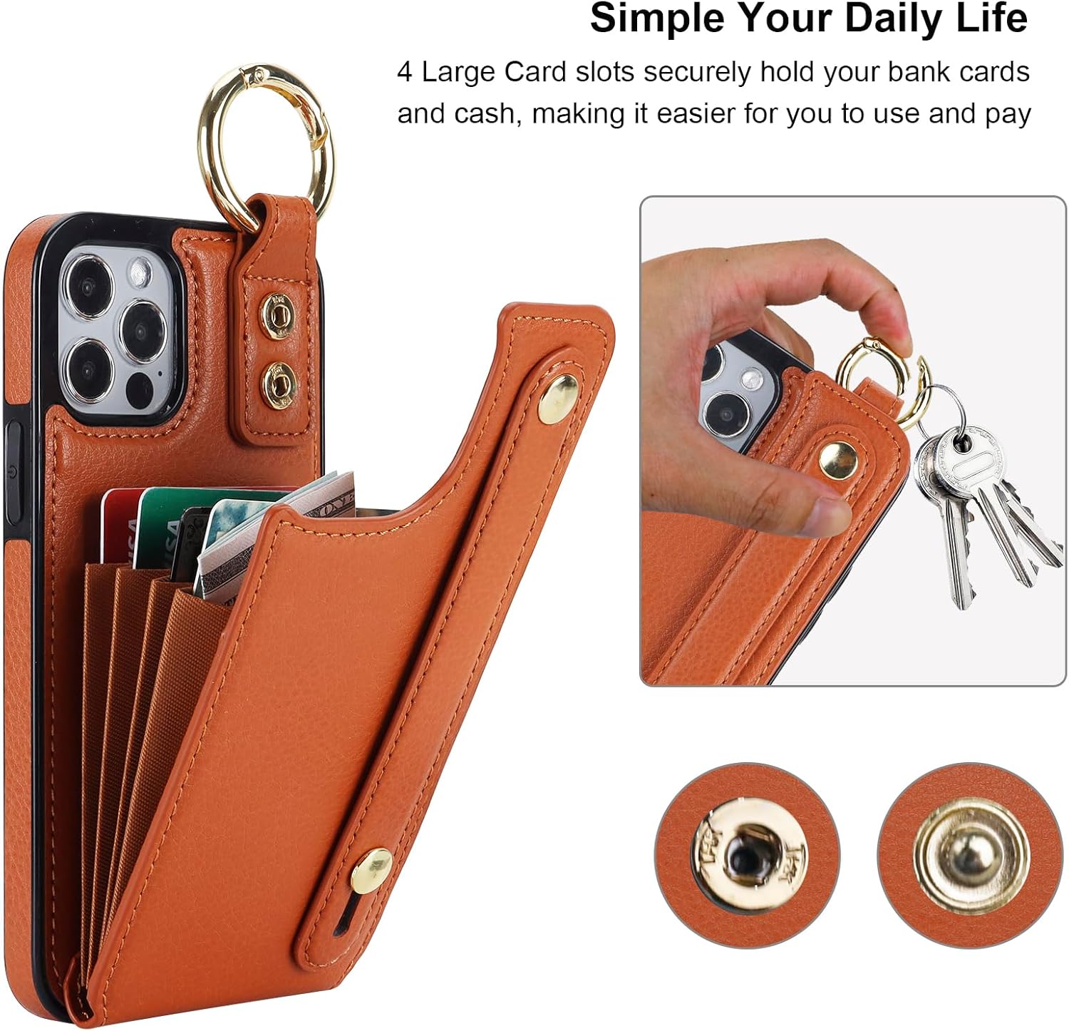 Folosu Funda tipo cartera para iPhone 1212 Pro con soporte para tarjetas, correa de mano para la muñeca, soporte de bucle, bloqueo RFID, anillo de