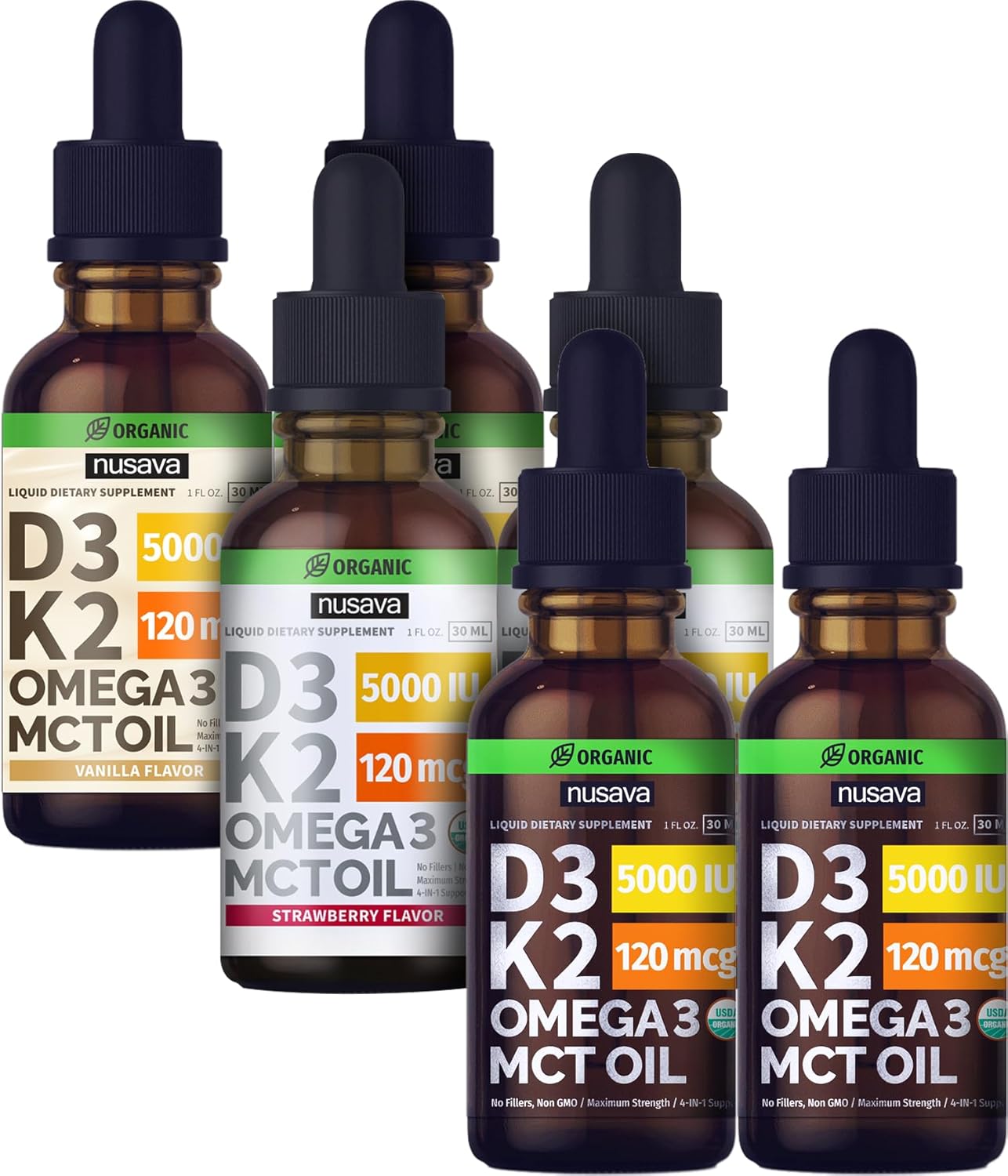NUSAVA Paquete de gotas líquidas D3 K2 sin sabor, sabor fresa y sabor a vainilla, potentes vitaminas líquidas para el corazón, articulaciones,