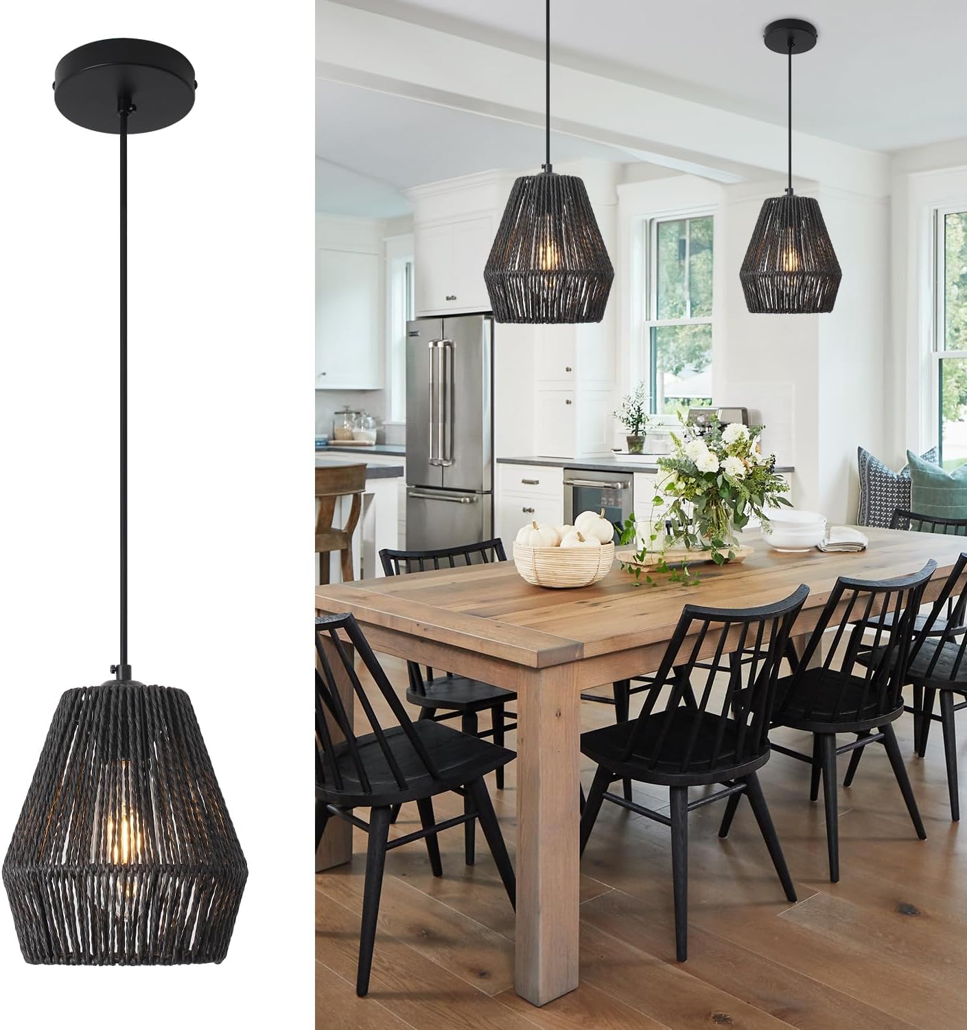 Lámpara colgante de ratán tejido negro, lámpara colgante de granja de 7 pulgadas, pantalla tejida a mano, moderna lámpara bohemia para cocina, isla,