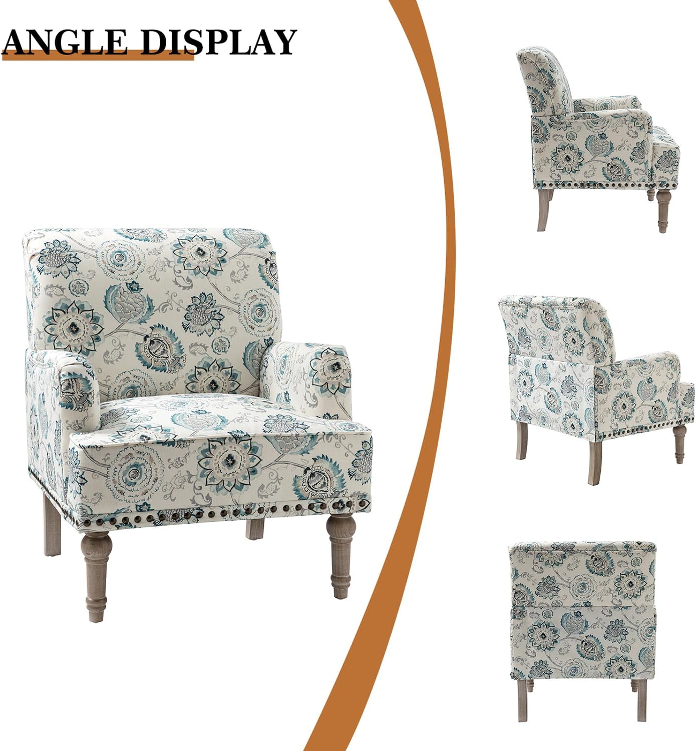 HULALA HOME Sillón moderno con patas de madera y ribete de cabeza de clavo, cómoda silla decorativa tapizada para sala de estar y dormitorio