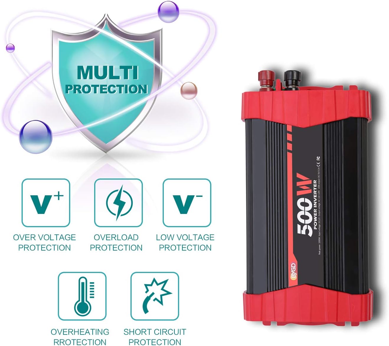 BYGD Inversor de corriente de automóvil de 500 W convertidor de corriente continua de 12 V a 110 V doble toma de corriente con 31 A 4 puertos USB - Imagen 6