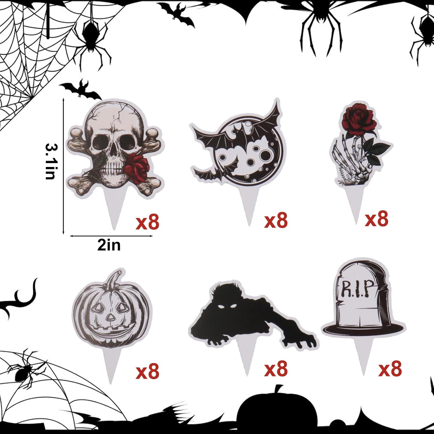 48 decoraciones para cupcakes de Halloween, decoración de cupcakes de terror, calavera rosa, murciélago, calabaza, cupcakes, decoraciones para