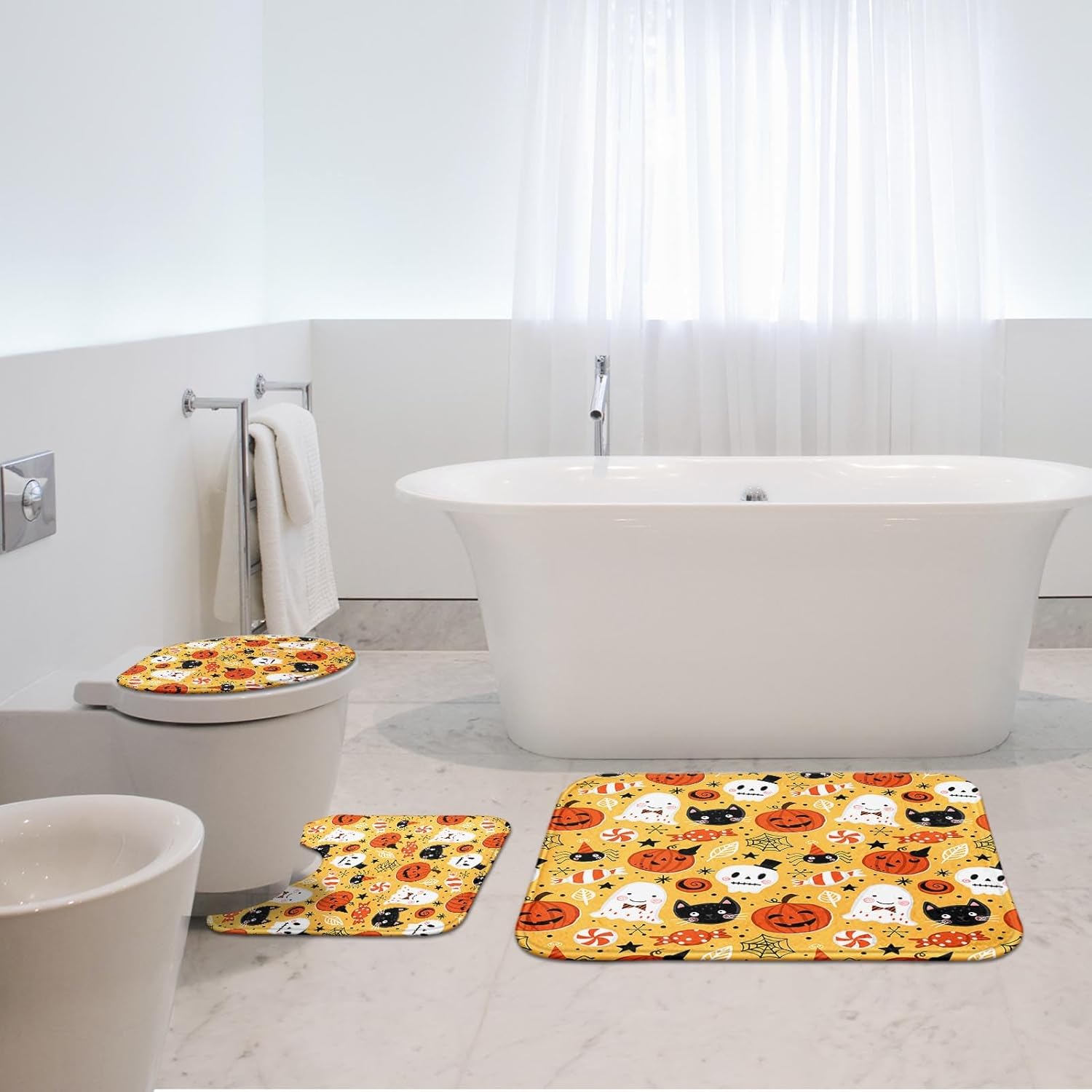 ArtSocket Juego de 3 alfombras y tapetes de baño de calabazas de Halloween, tapetes de baño de terror espeluznantes, antideslizantes, lindos tapetes