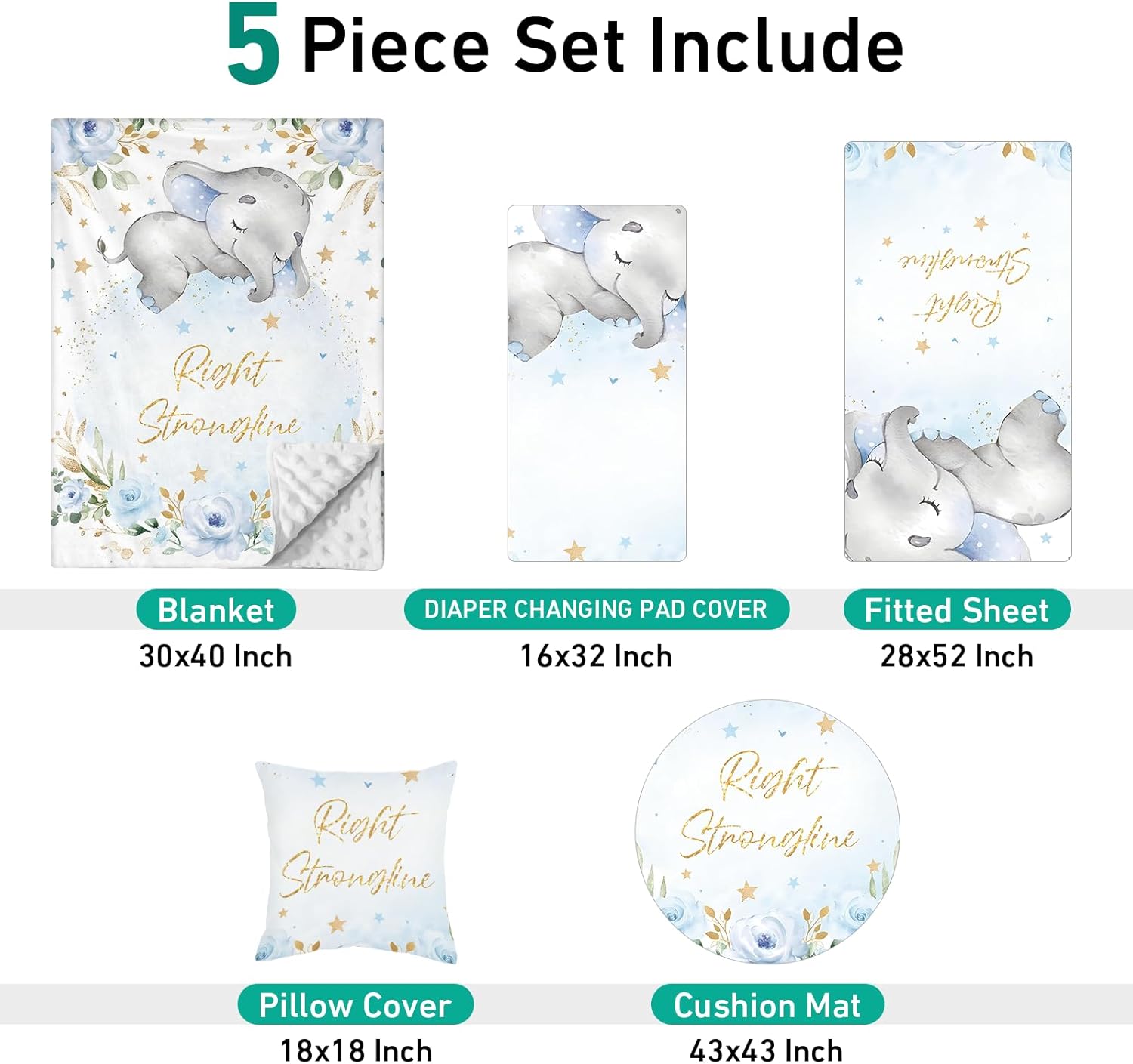 Juego de ropa de cama personalizado para cuna 5 piezas de regalo personalizado con diseño de elefante con nombre, juego de ropa de cama de guardería