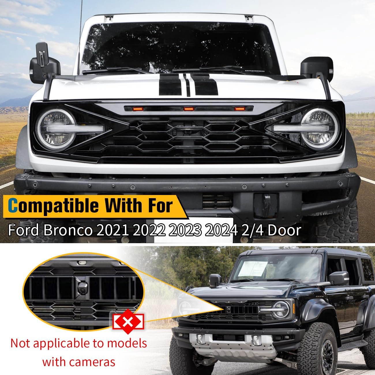 Kits de repuesto para parrilla delantera negra brillante con luces LED compatibles con Ford Bronco 2021 2022 2023 2 2 puertas 4 puertas parrilla de
