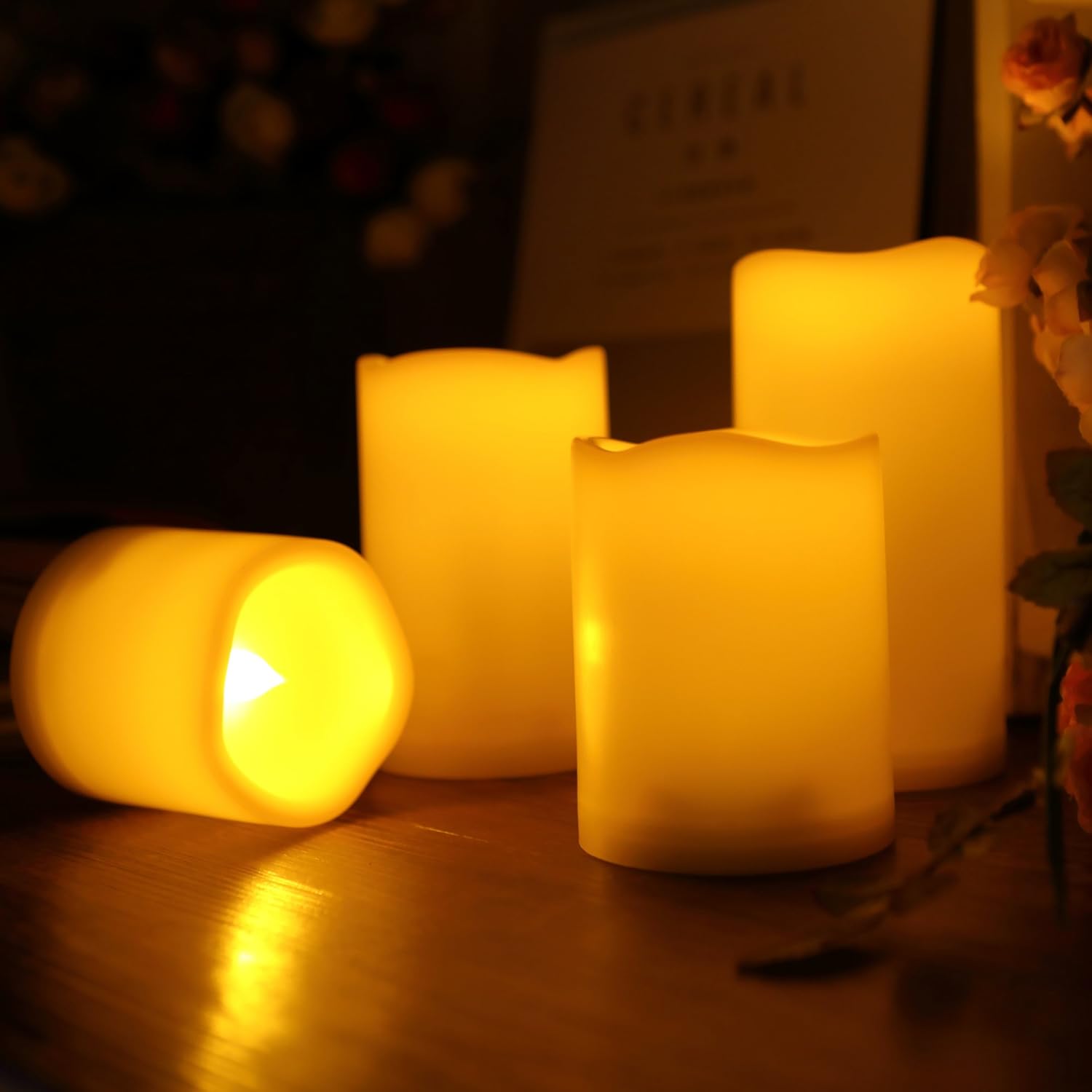 4 velas LED escalonadas sin flama, de pilas, impermeables, para exteriores, con temporizador, luz nocturna parpadeante de resina plástica, para